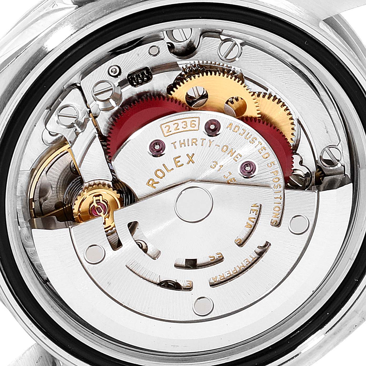 The image shows a close-up, rear view of the inner mechanism of a Rolex Datejust 279160 Women's Stainless Steel White Dial 279160 Women's Stainless Steel White Dial watch.