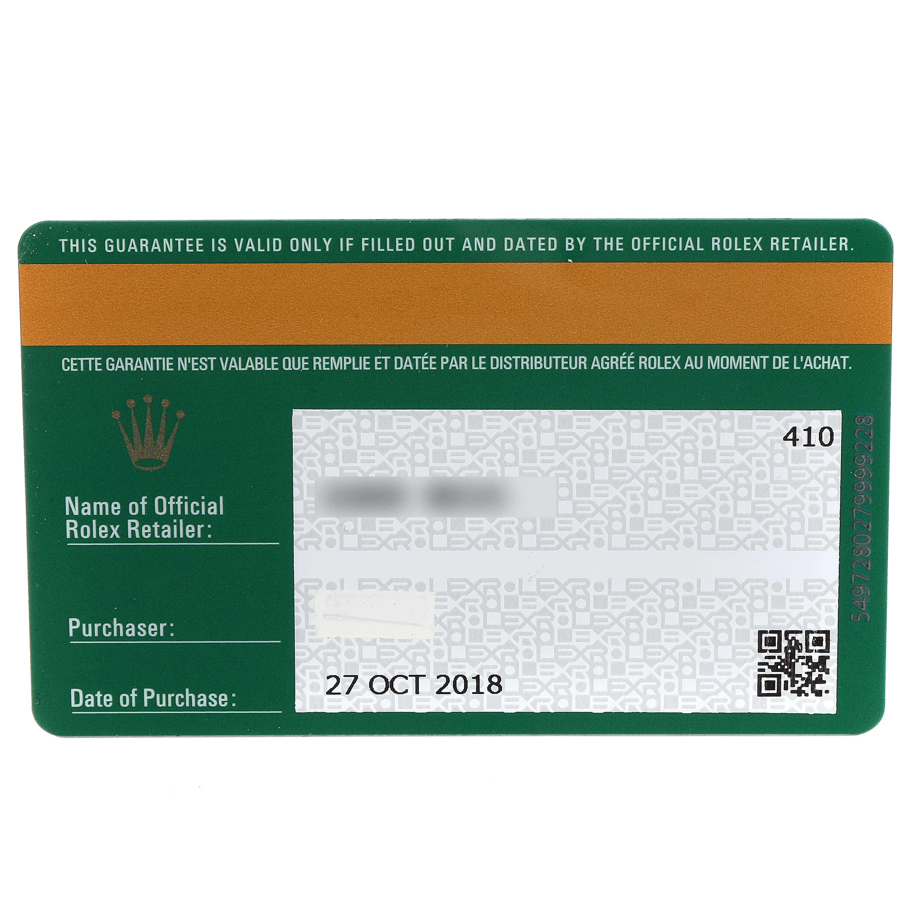 This image shows a guarantee card for a Rolex Datejust 279160 Women's Stainless Steel White Dial 279160 Women's Stainless Steel White Dial watch, featuring purchase details and retailer information.