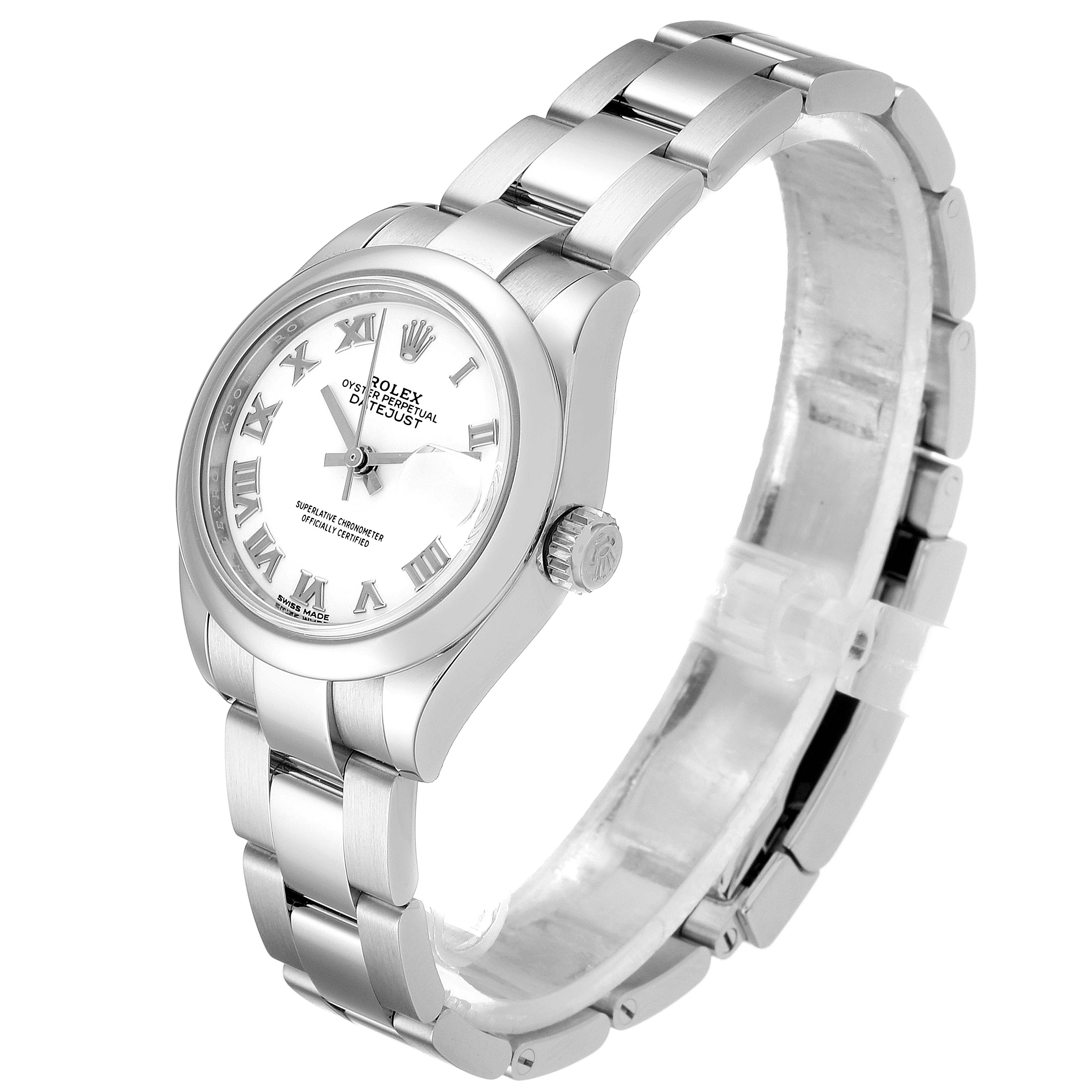 The image shows a side and front angle of a Rolex Datejust 279160 Women's Stainless Steel White Dial 279160 Women's Stainless Steel White Dial watch, highlighting its bracelet, case, dial, and crown.