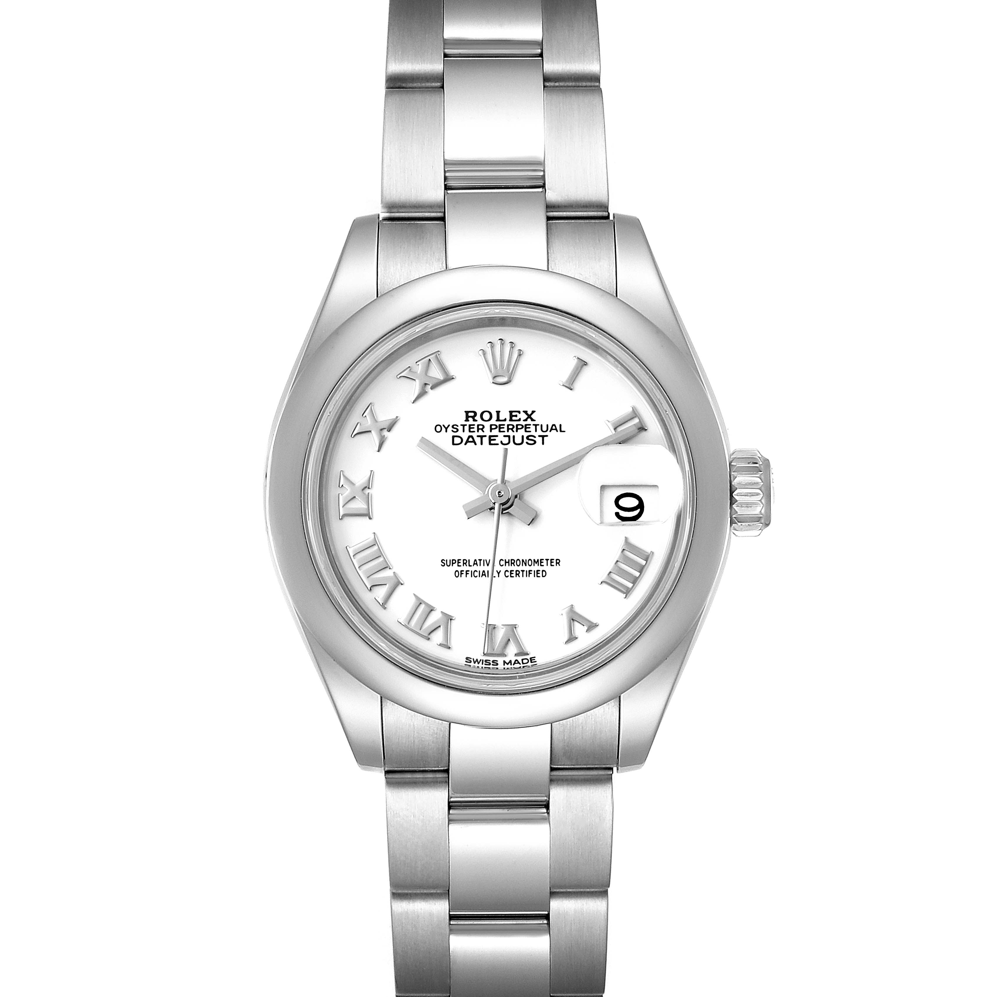 This is a front view of the Rolex Datejust 279160 Women's Stainless Steel White Dial 279160 Women's Stainless Steel White Dial watch displaying the dial, case, bracelet, hands, and date.
