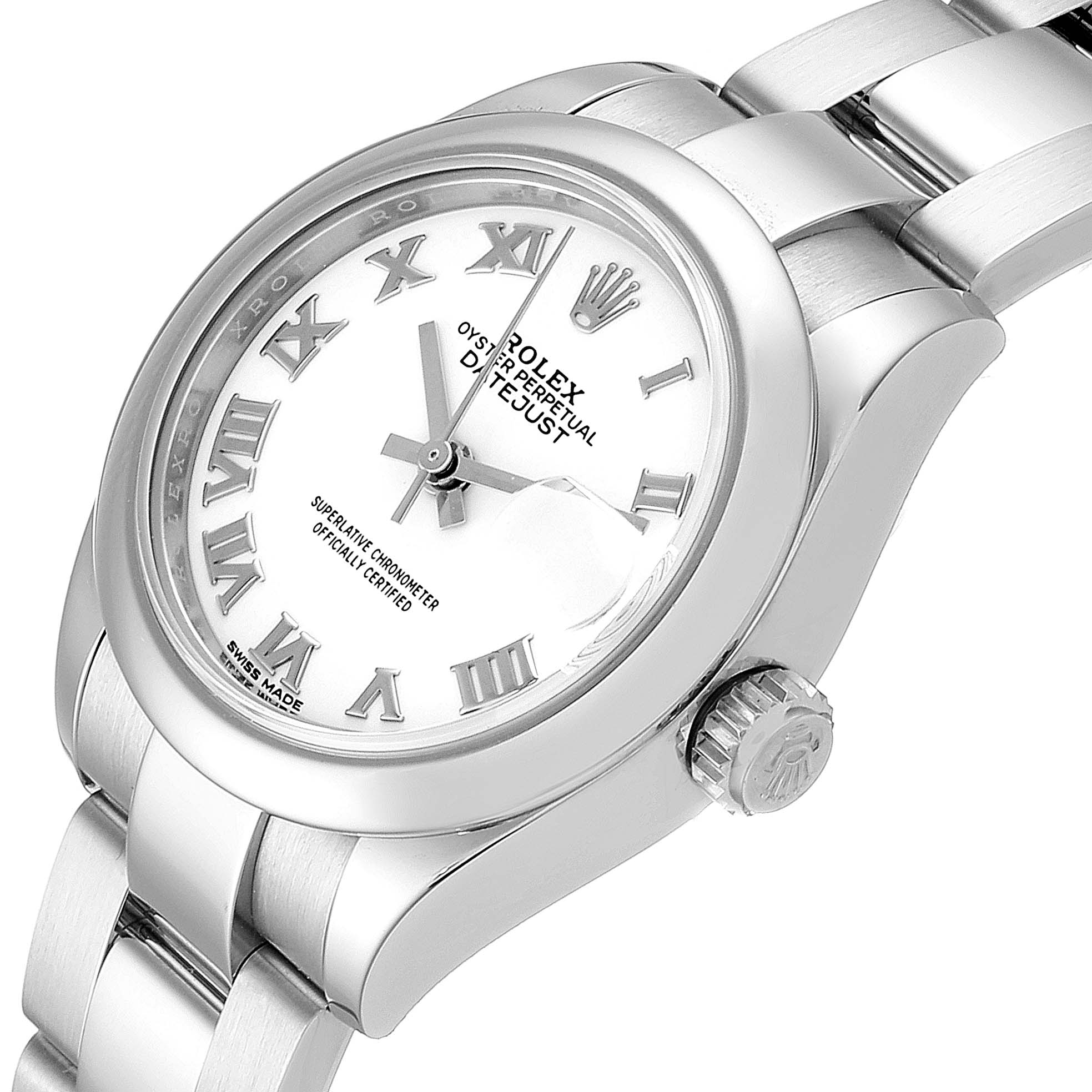 This Rolex Datejust 279160 Women's Stainless Steel White Dial 279160 Women's Stainless Steel White Dial watch is viewed from an angled side perspective, showing the dial, bezel, and part of the bracelet.