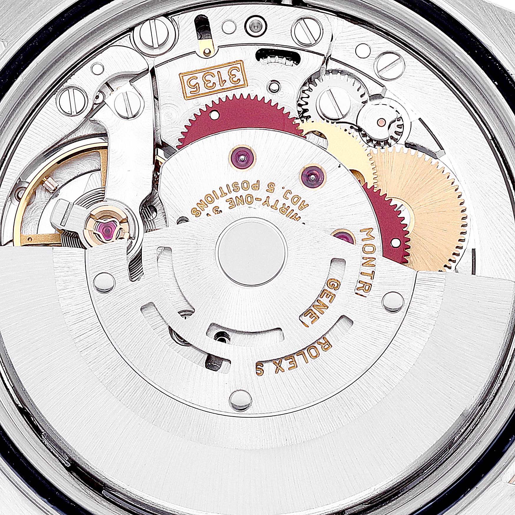 This close-up image shows the intricate mechanical movement inside a Rolex Datejust 16233 Men's Steel and Gold (two tone) Blue Dial 16233 Men's Steel and Gold (two tone) Blue Dial watch.