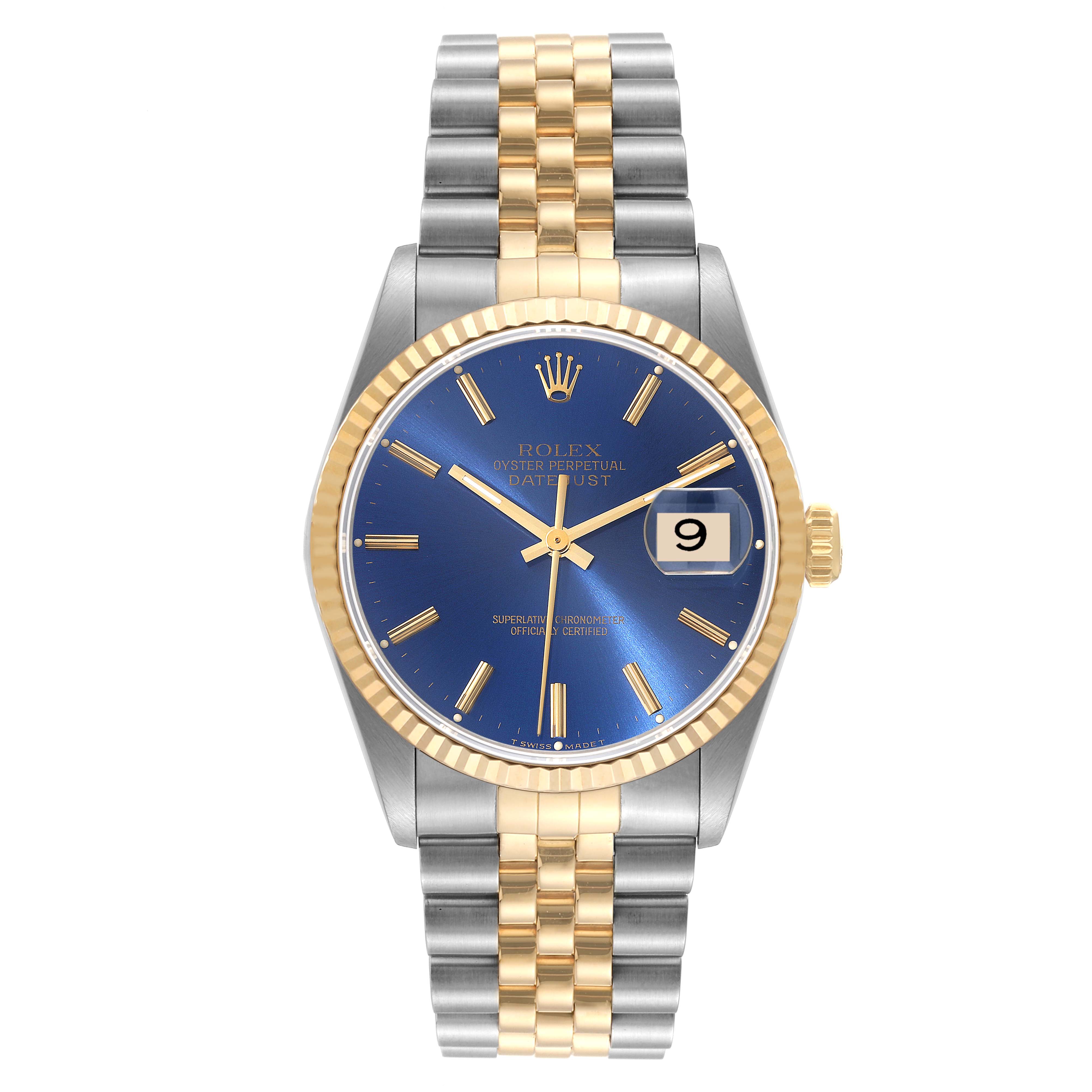 The Rolex Datejust 16233 Men's Steel and Gold (two tone) Blue Dial 16233 Men's Steel and Gold (two tone) Blue Dial model watch is shown from the front, displaying the face, bezel, and Jubilee bracelet.