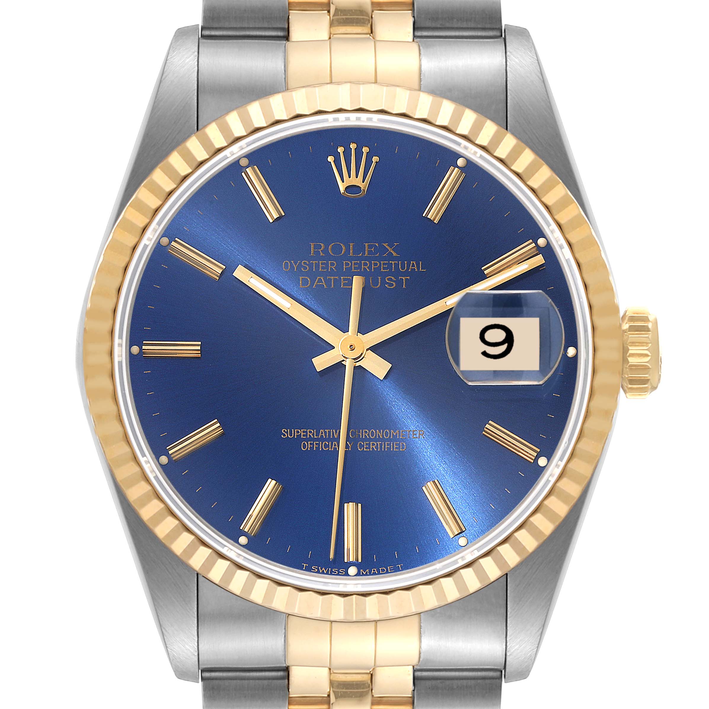 The image shows a front view of a Rolex Datejust 16233 Men's Steel and Gold (two tone) Blue Dial 16233 Men's Steel and Gold (two tone) Blue Dial watch, highlighting its blue dial, gold markers, and date function window.