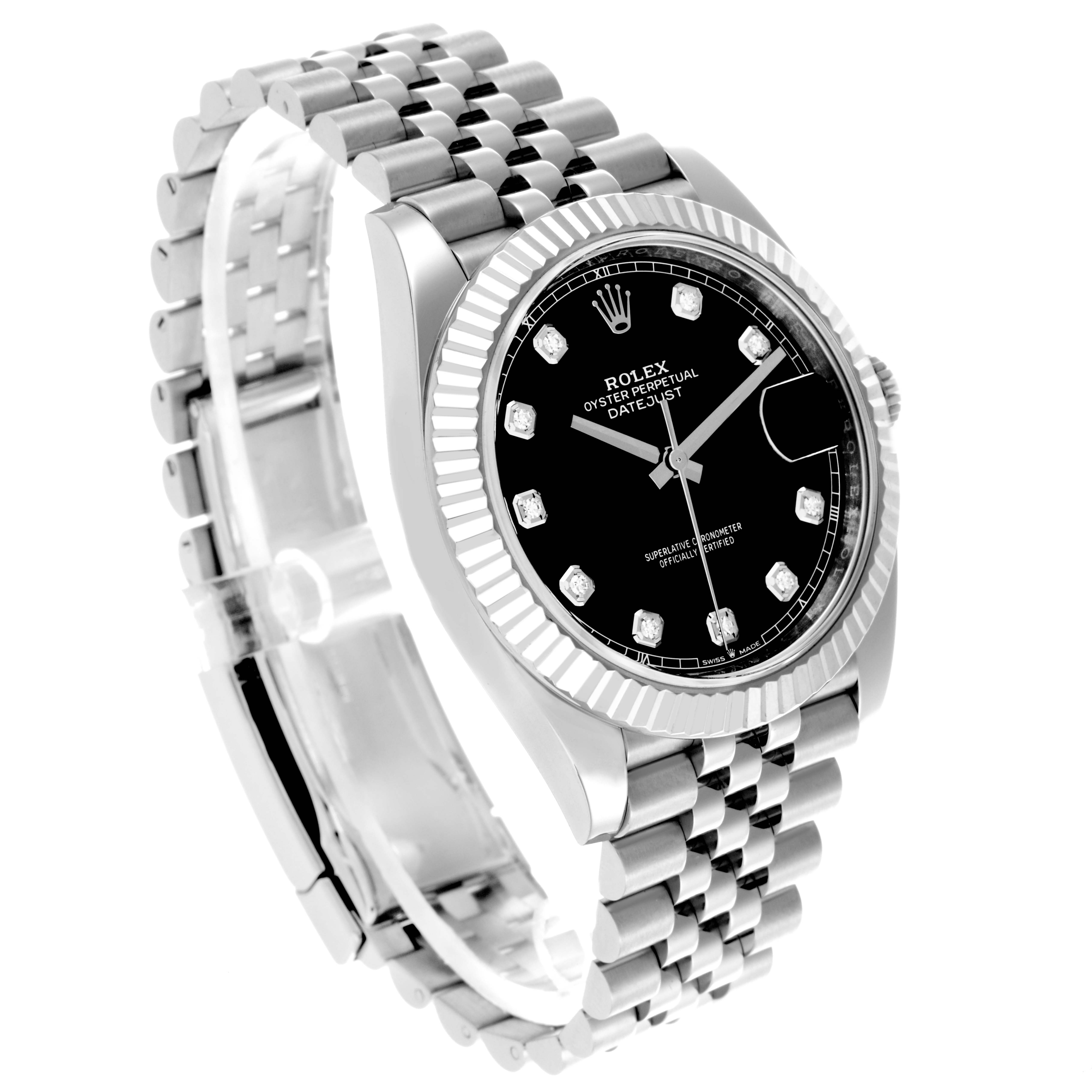 The Rolex Datejust 41 126334 Men's Stainless Steel Black Dial 126334 Men's Stainless Steel Black Dial is shown at a three-quarter angle, highlighting its black dial, fluted bezel, and Jubilee bracelet.