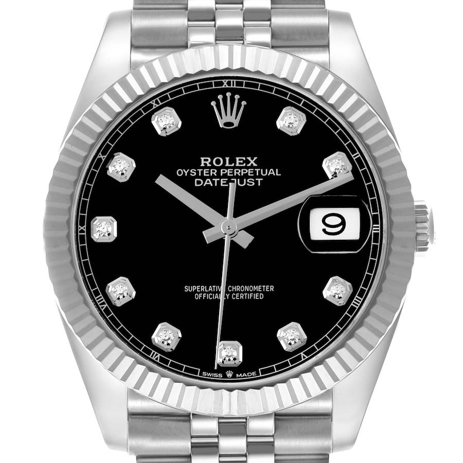 The Rolex Datejust 41 is shown from the front, displaying its black dial, fluted bezel, date window, and Jubilee bracelet.