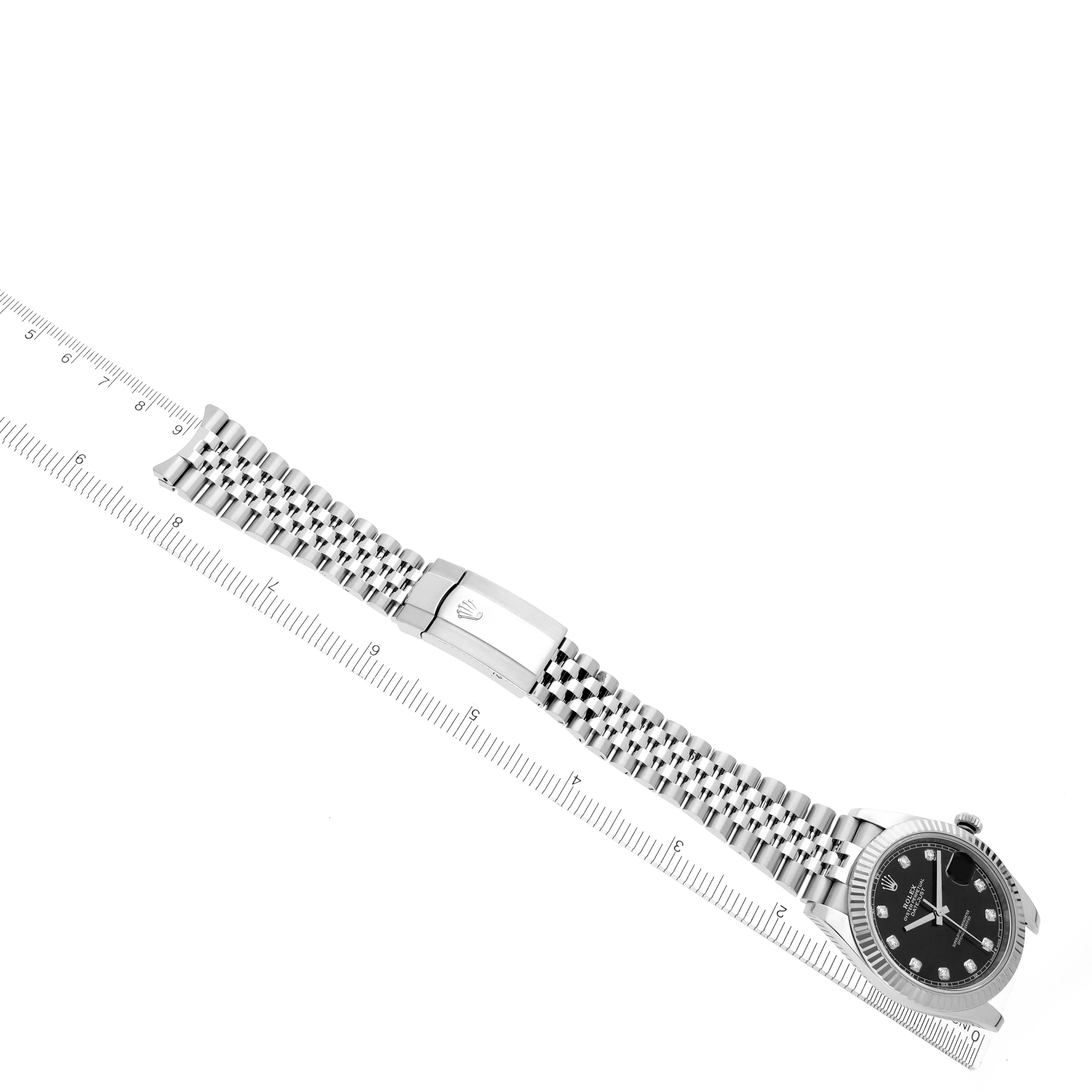 The Rolex Datejust 41 126334 Men's Stainless Steel Black Dial 126334 Men's Stainless Steel Black Dial watch is displayed flat, showing the black dial, bezel, bracelet, and clasp.