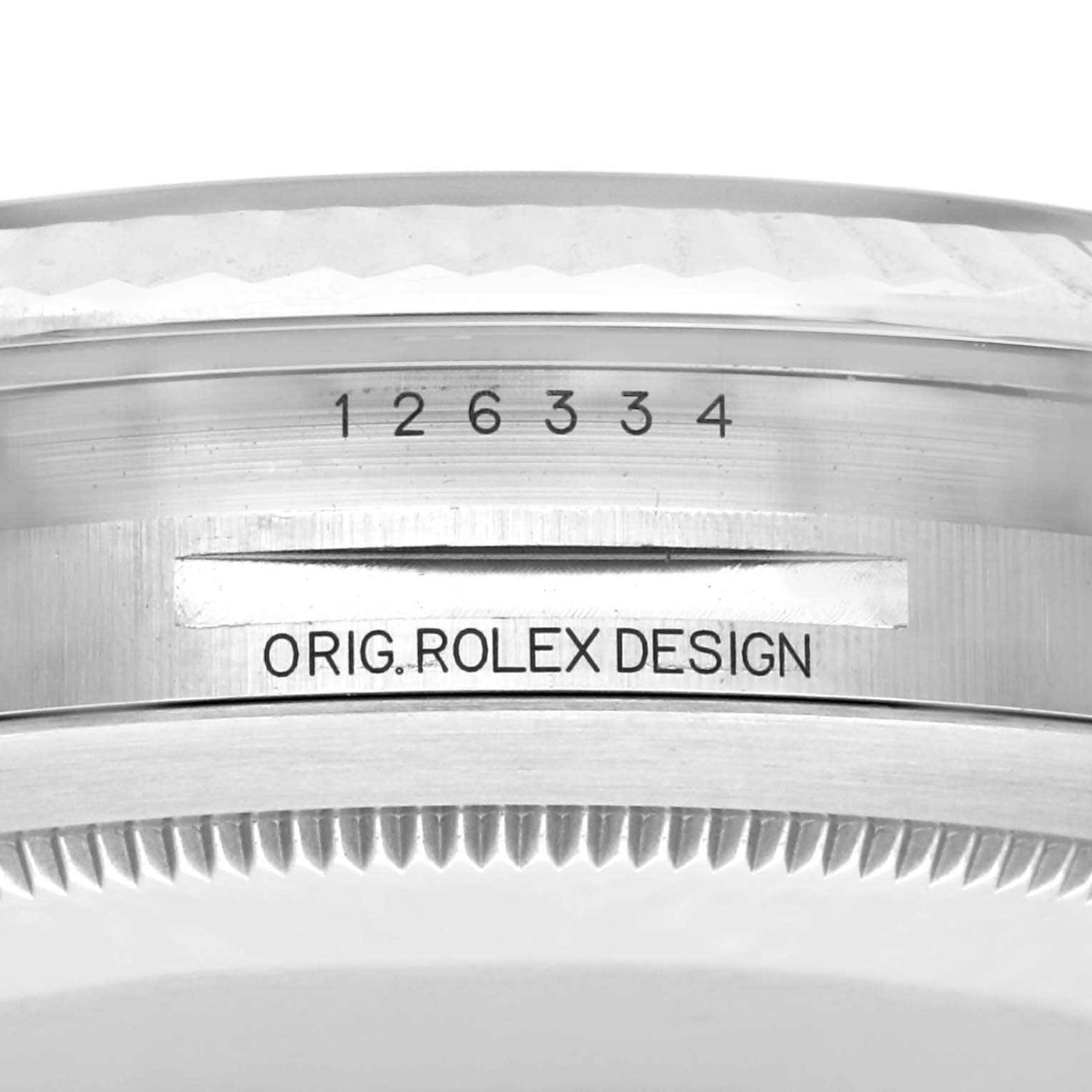 This image shows a close-up of the side of a Rolex Datejust 41 126334 Men's Stainless Steel Black Dial 126334 Men's Stainless Steel Black Dial, highlighting the case with model and design inscriptions.