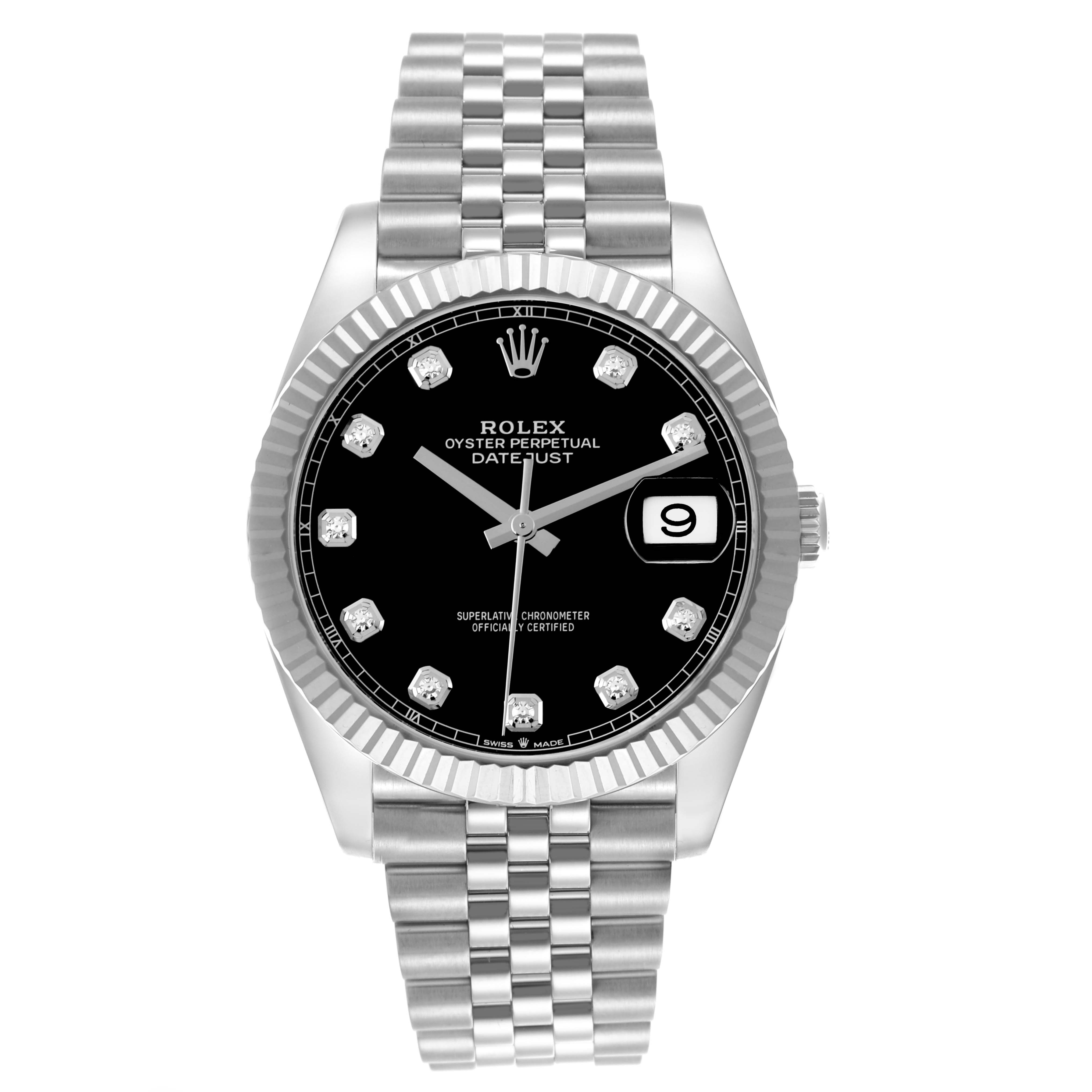 The Rolex Datejust 41 126334 Men's Stainless Steel Black Dial 126334 Men's Stainless Steel Black Dial is shown from the front, displaying its black dial, fluted bezel, diamond hour markers, and Jubilee bracelet.
