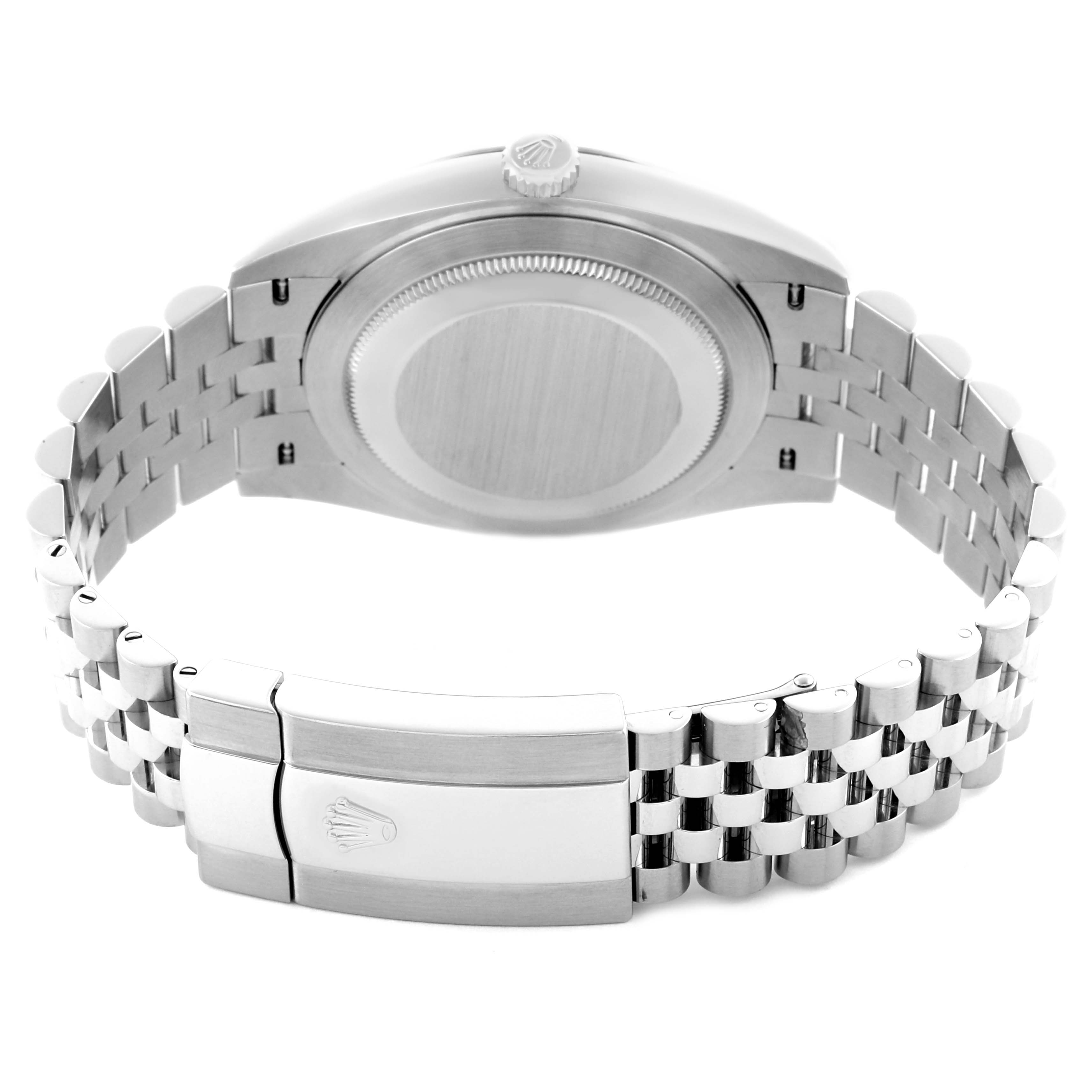 The image shows the back and clasp of a Rolex Datejust 41 126334 Men's Stainless Steel Black Dial 126334 Men's Stainless Steel Black Dial watch, highlighting the bracelet and case back.