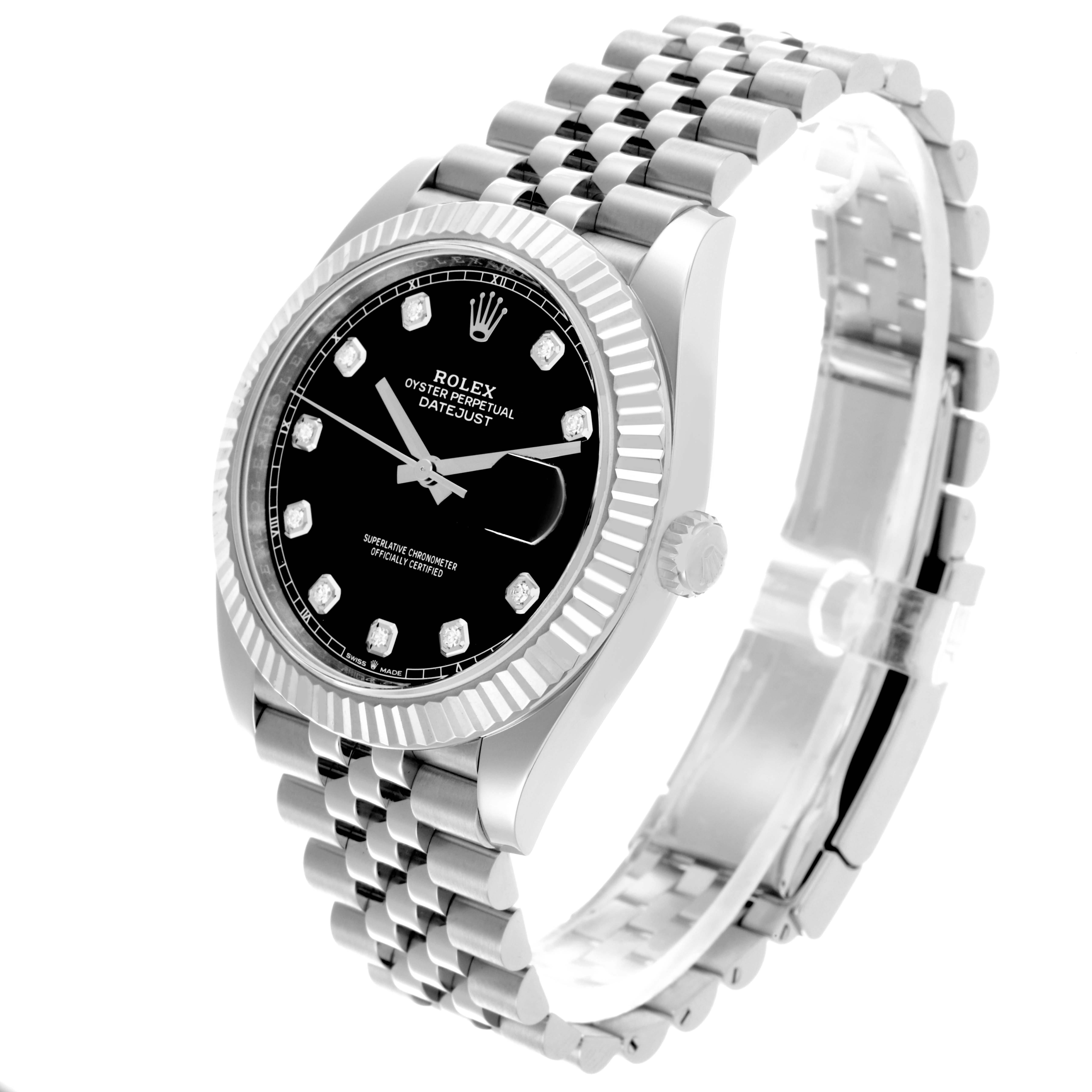 The Rolex Datejust 41 126334 Men's Stainless Steel Black Dial 126334 Men's Stainless Steel Black Dial watch is shown at an angled view displaying the face, fluted bezel, side crown, and Jubilee bracelet.
