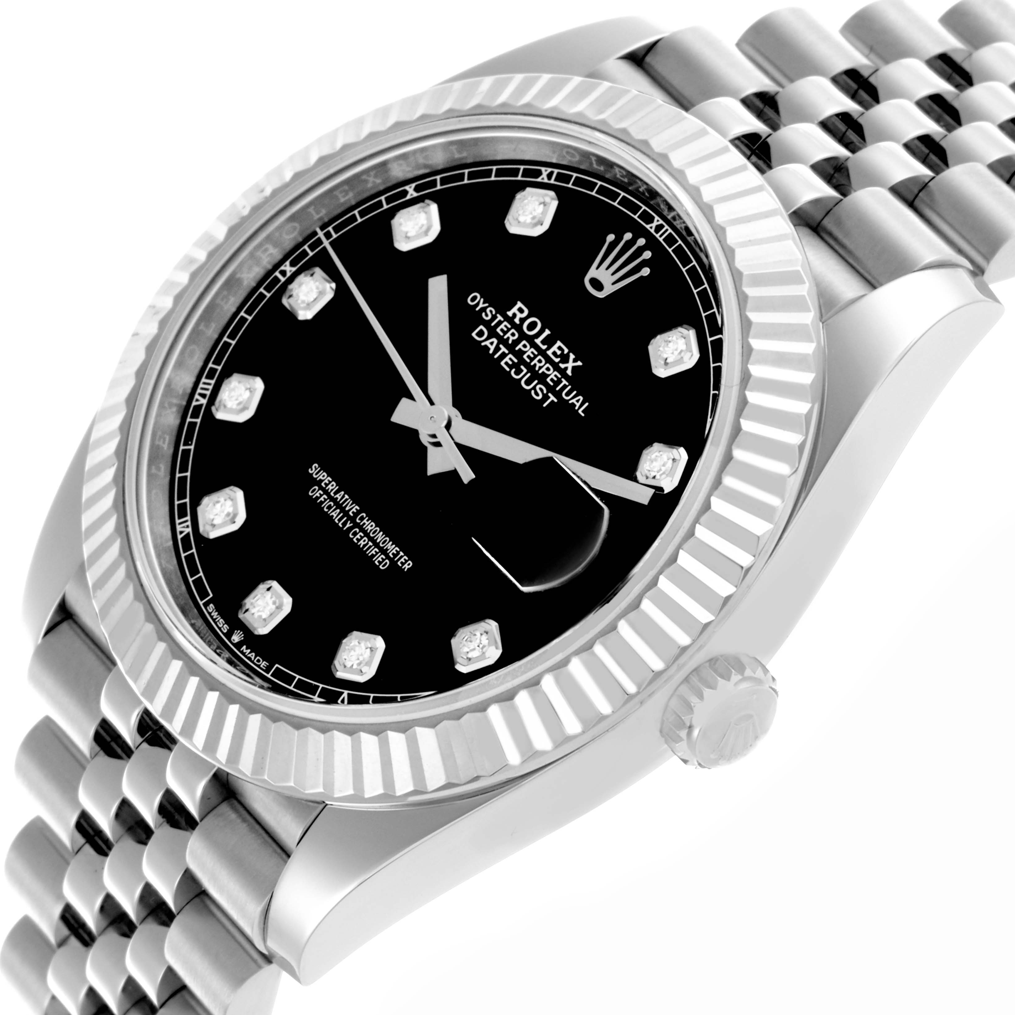 The Rolex Datejust 41 126334 Men's Stainless Steel Black Dial 126334 Men's Stainless Steel Black Dial watch is shown from a diagonal angle, highlighting the dial, fluted bezel, and Jubilee bracelet.