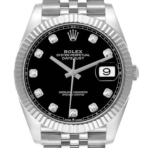 The Rolex Datejust 41 is shown from the front, featuring its black dial, diamond hour markers, fluted bezel, and Jubilee bracelet.