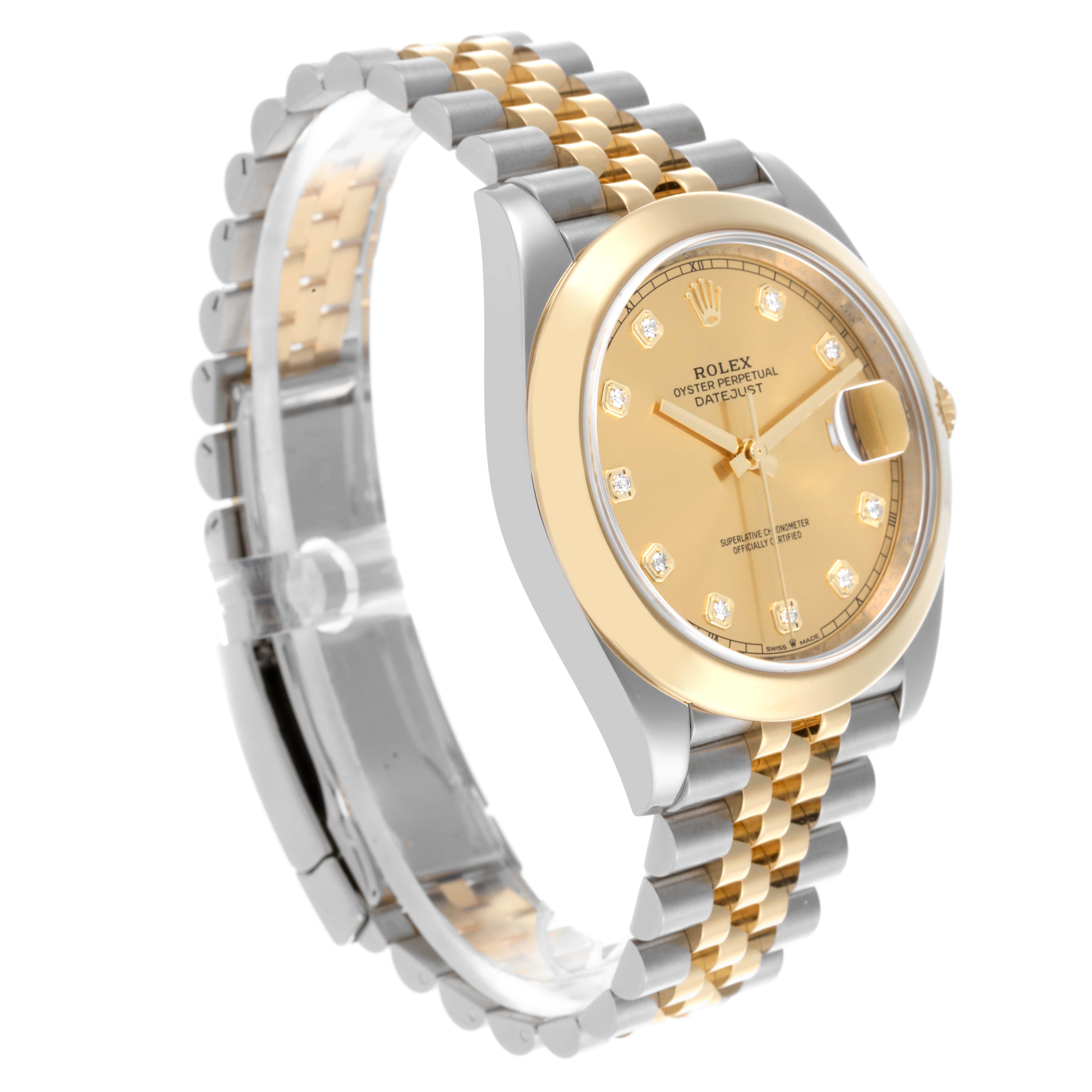 The Rolex Datejust 41 126303 Men
s Steel and Gold (two tone) Champagne Dial 126303 Men
s Steel and Gold (two tone) Champagne Dial watch is shown at a slight angle, featuring its gold dial, diamond hour markers, and two-tone jubilee bracelet.