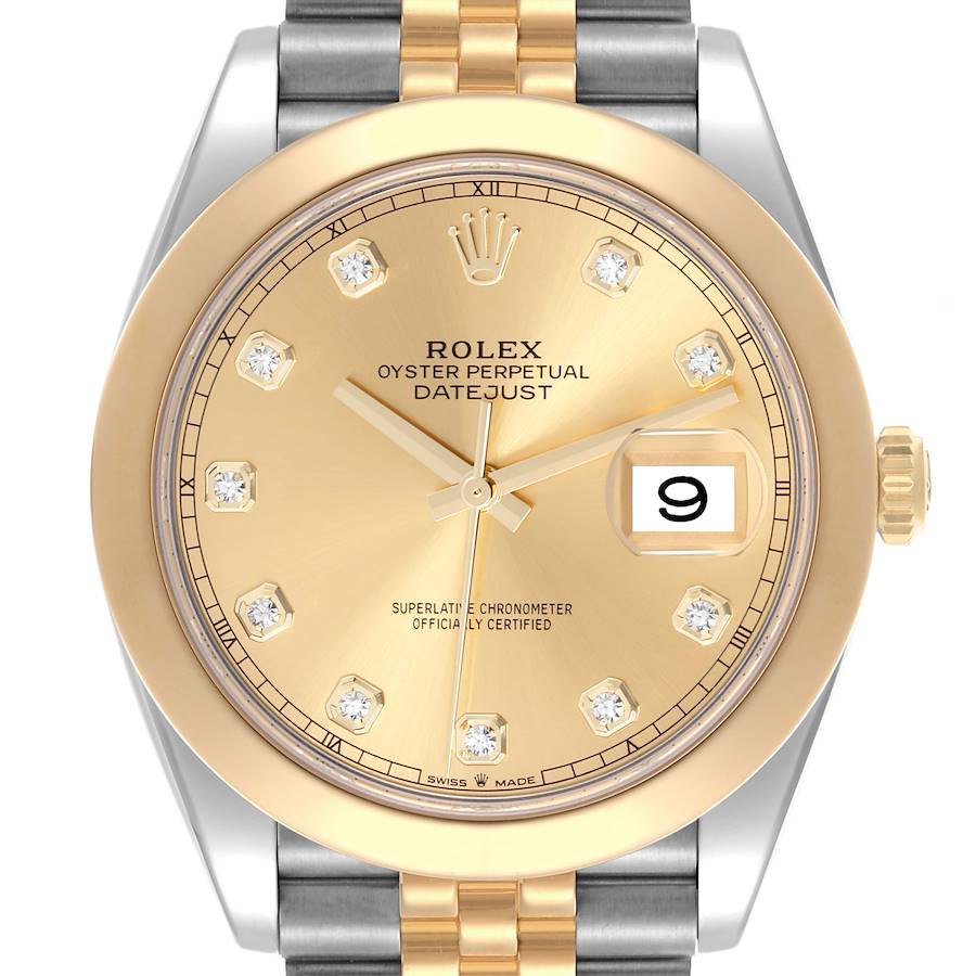 The Rolex Datejust 41 is shown from a front angle, displaying the dial, bezel, and part of the bracelet.