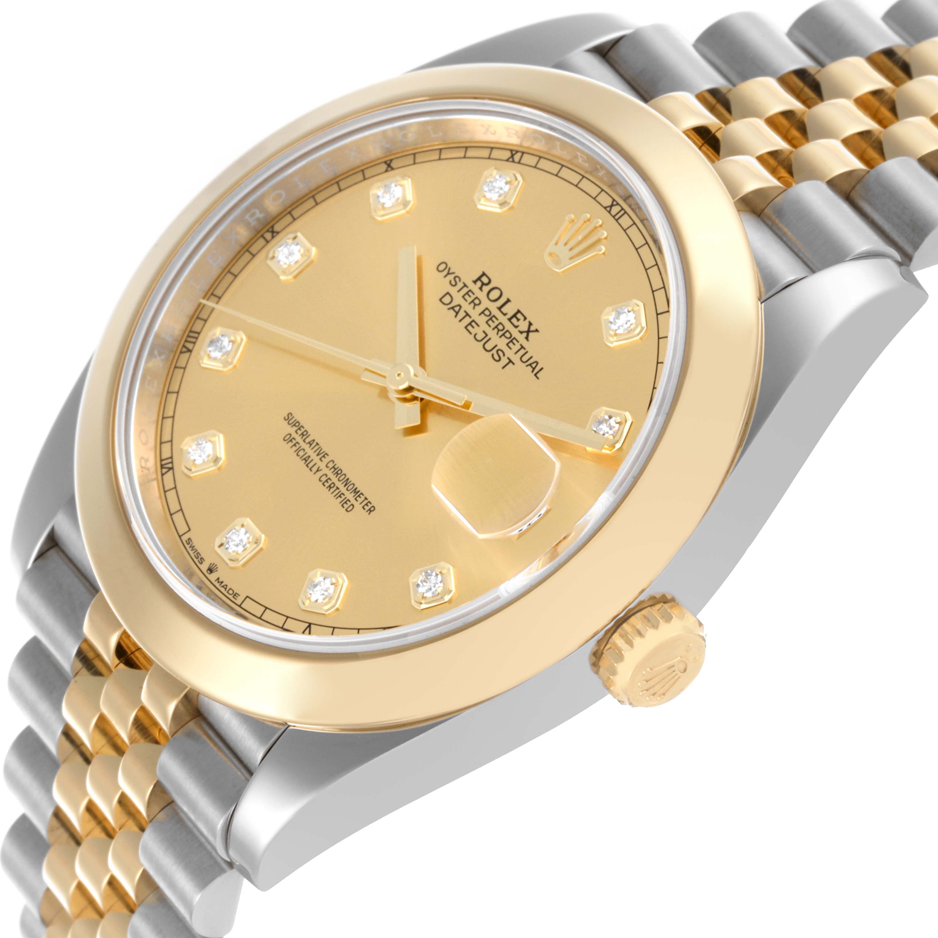 The Rolex Datejust 41 126303 Men
s Steel and Gold (two tone) Champagne Dial 126303 Men
s Steel and Gold (two tone) Champagne Dial is shown at a tilted angle, highlighting the gold dial, diamond markers, bezel, and Jubilee bracelet.
