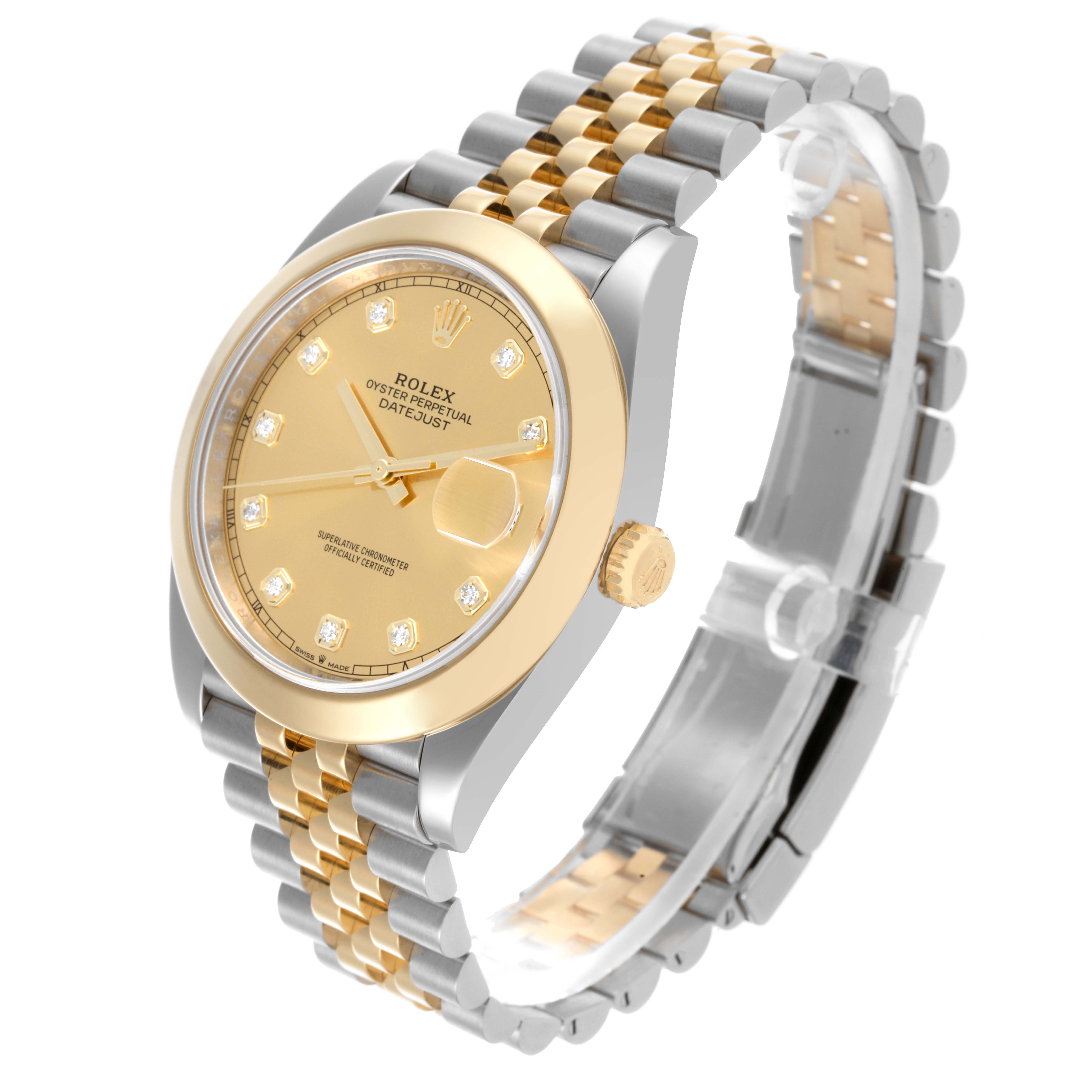 The Rolex Datejust 41 126303 Men
s Steel and Gold (two tone) Champagne Dial 126303 Men
s Steel and Gold (two tone) Champagne Dial watch is shown at a slight angle, highlighting its gold dial, bezel, crown, and two-tone bracelet.