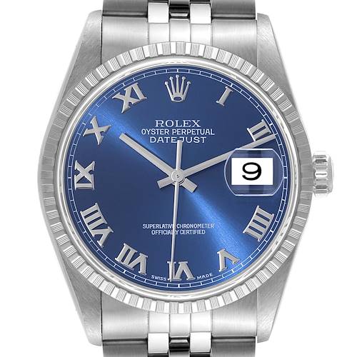 Photo of Rolex Datejust Blue Dial Engine Turned Bezel Steel Mens Watch 16220