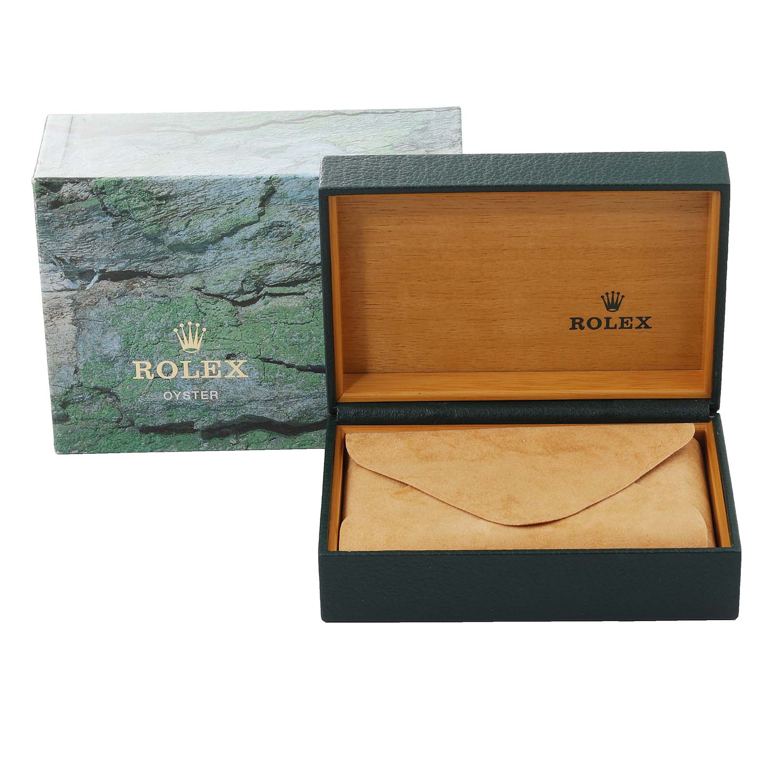 The image shows an empty Rolex Datejust 16220 Men's Stainless Steel Blue Dial 16220 Men's Stainless Steel Blue Dial watch box and green outer box angled slightly from the front.