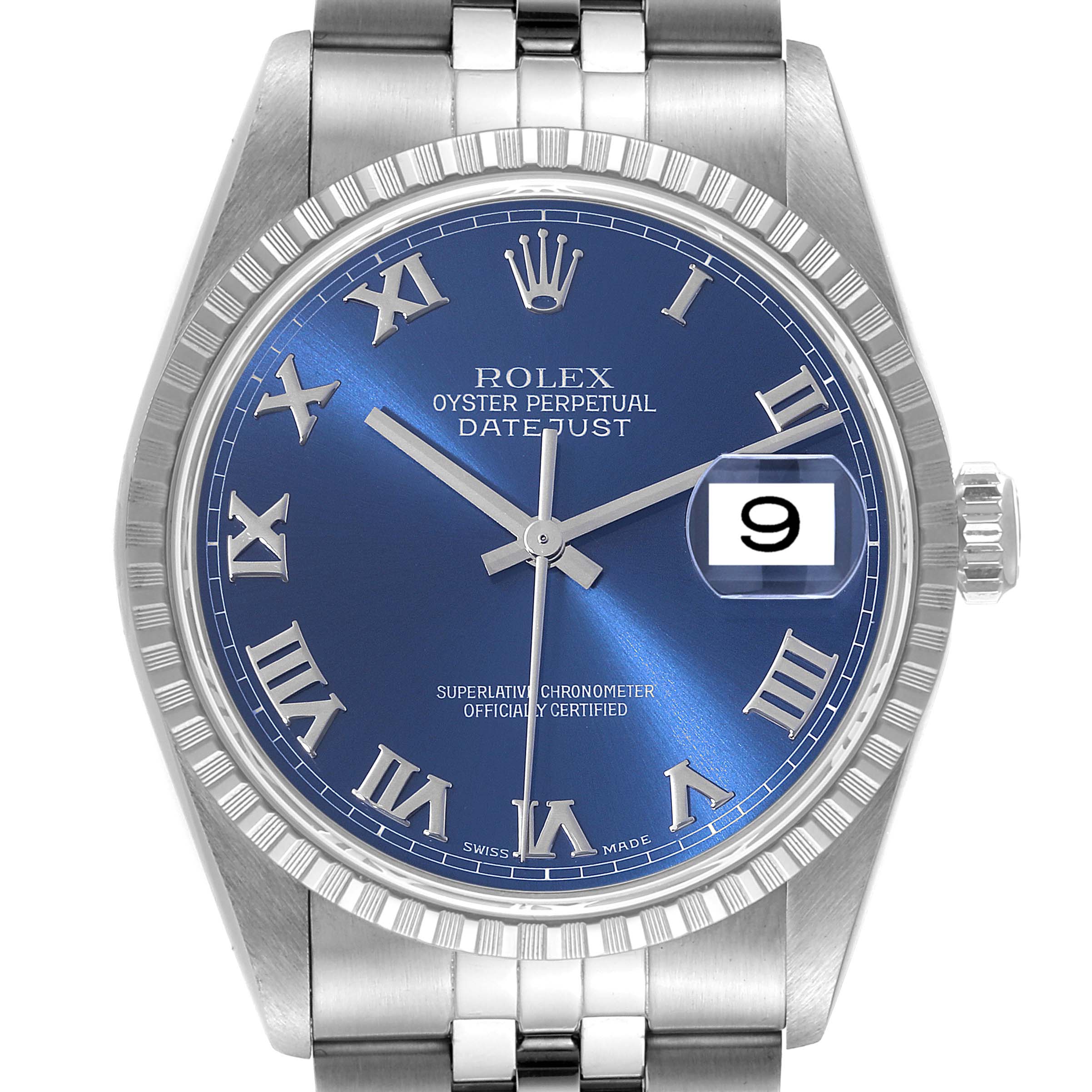 This image shows a front view of the blue dial, bezel, and bracelet of a Rolex Datejust 16220 Men's Stainless Steel Blue Dial 16220 Men's Stainless Steel Blue Dial watch.