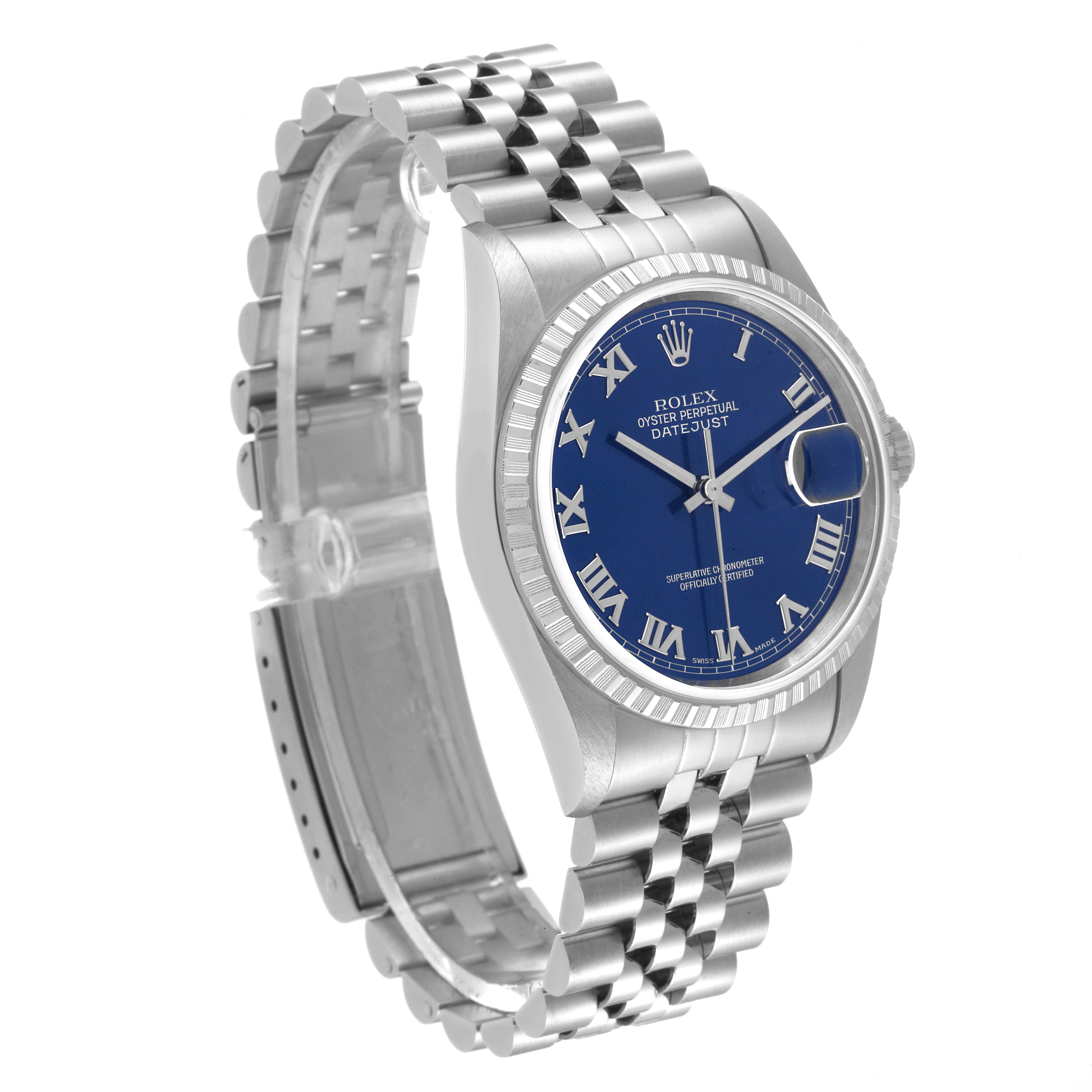 This image shows a Rolex Datejust 16220 Men's Stainless Steel Blue Dial 16220 Men's Stainless Steel Blue Dial watch angled from the front left, displaying the dial, case, and part of the bracelet.