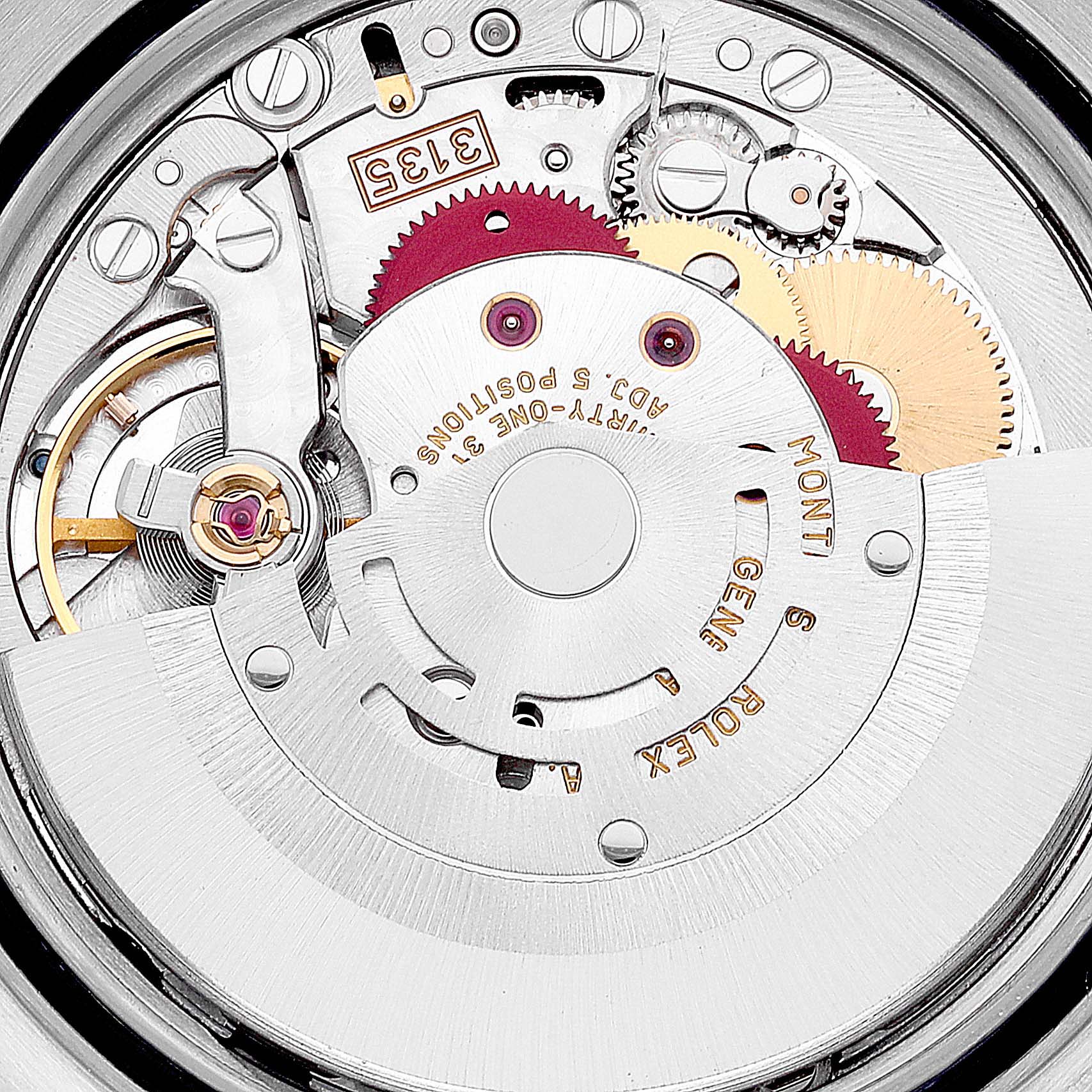 This is a close-up view of the Rolex Datejust 16220 Men's Stainless Steel Blue Dial 16220 Men's Stainless Steel Blue Dial watch's internal mechanism and movement parts.