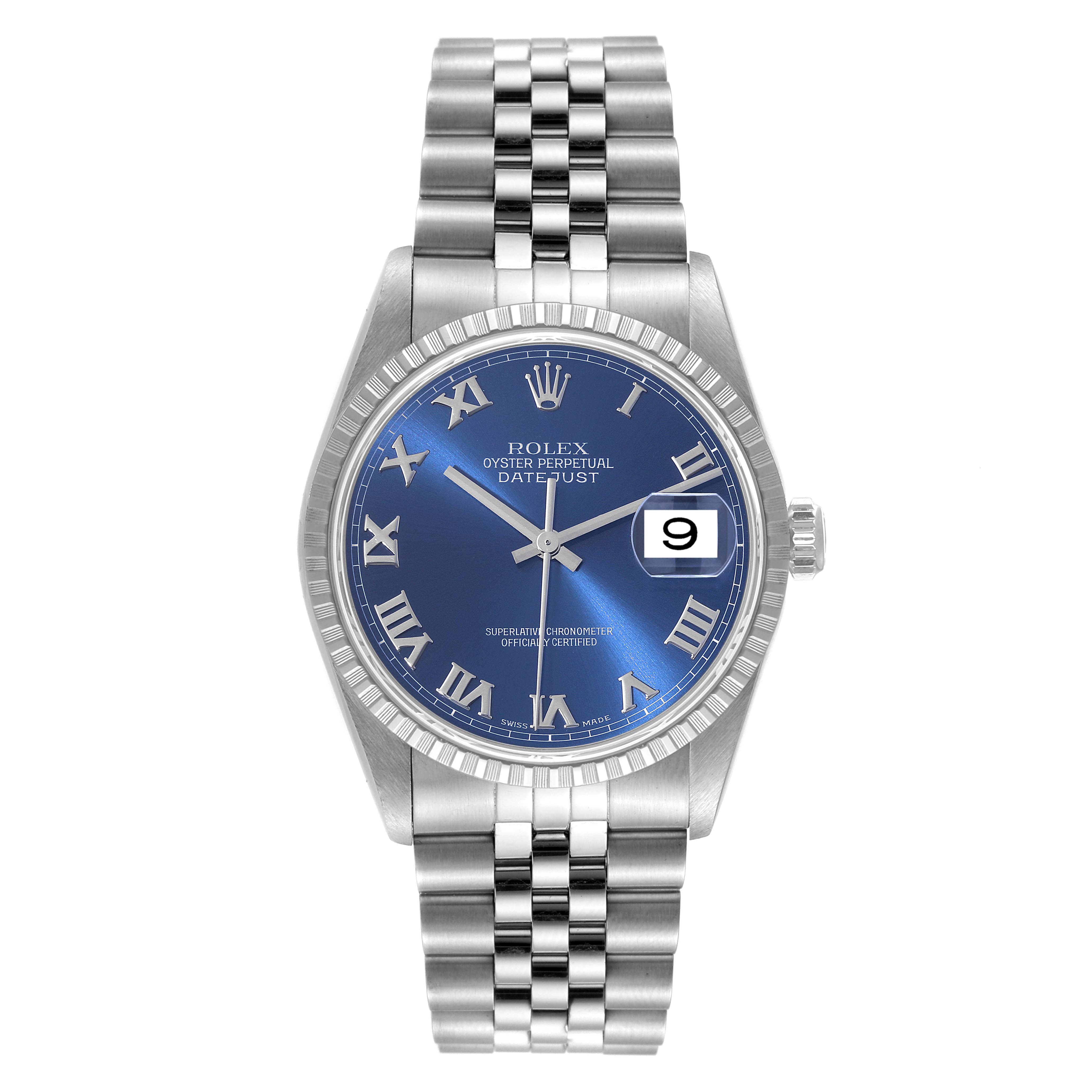 The image shows a front view of a Rolex Datejust 16220 Men's Stainless Steel Blue Dial 16220 Men's Stainless Steel Blue Dial watch with a blue dial and a stainless steel bracelet.