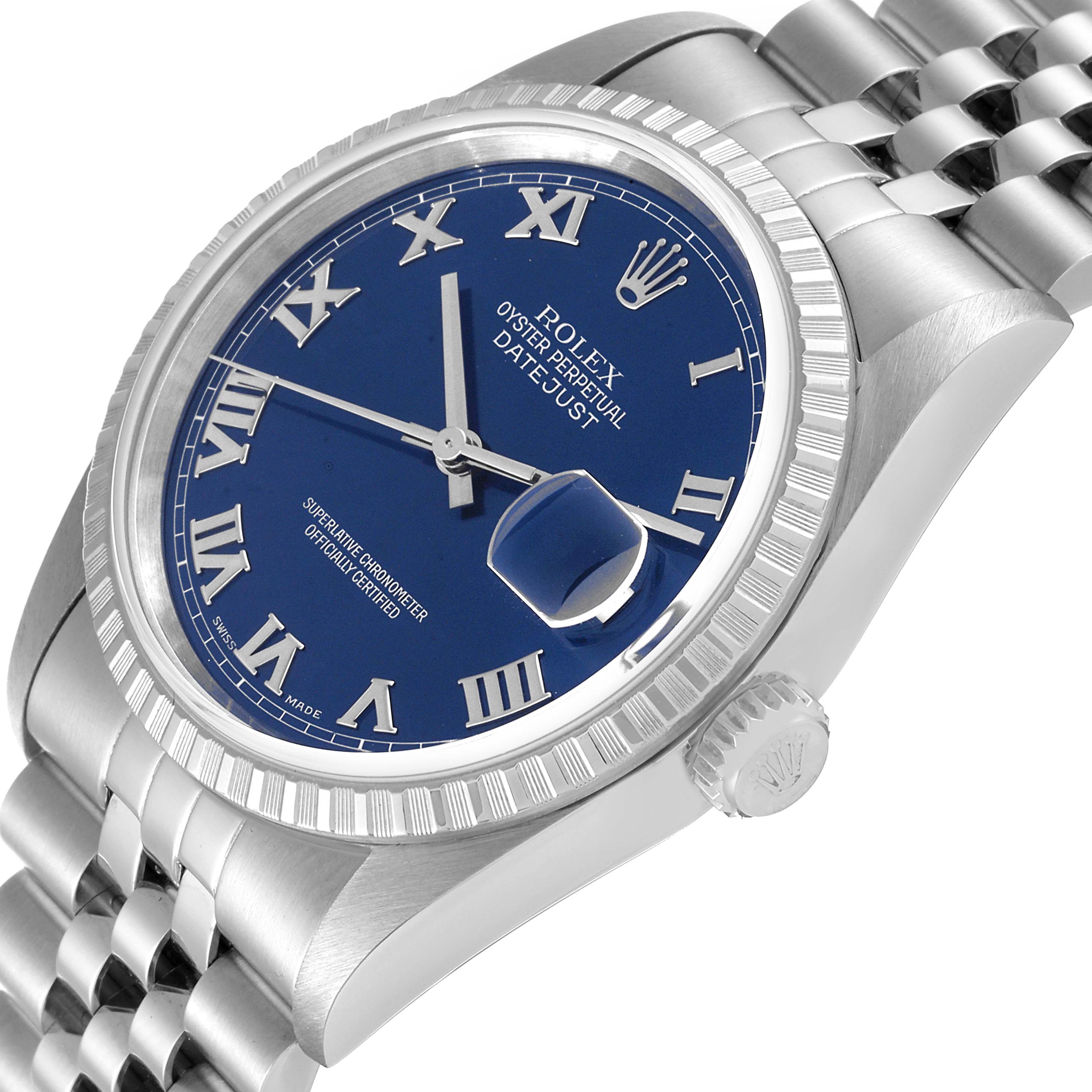 The image shows a close-up angle of a Rolex Datejust 16220 Men's Stainless Steel Blue Dial 16220 Men's Stainless Steel Blue Dial watch focusing on its dial, bezel, and part of the bracelet.