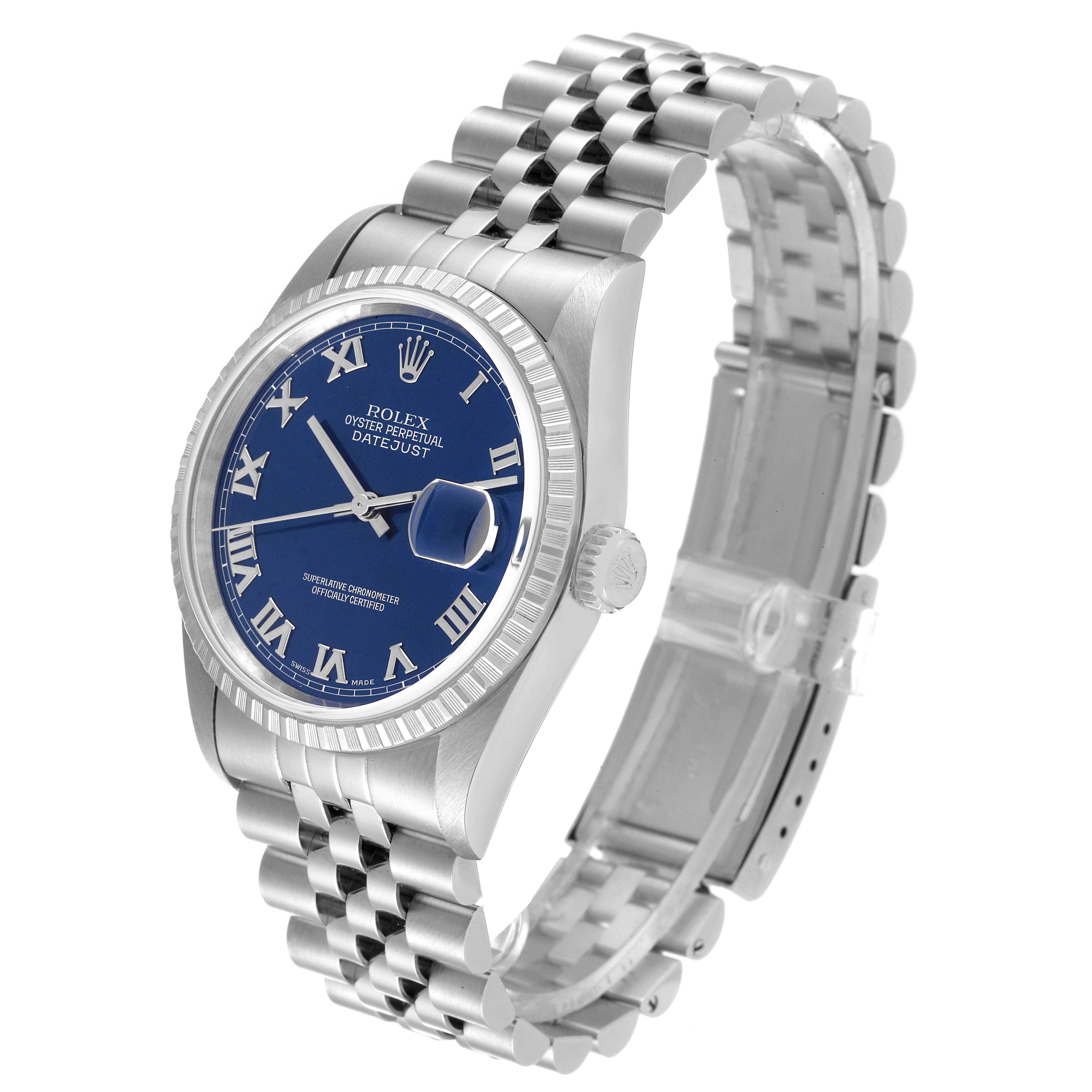 The Rolex Datejust 16220 Men's Stainless Steel Blue Dial 16220 Men's Stainless Steel Blue Dial watch is shown at an angled side view, highlighting its blue dial, jubilee bracelet, and fluted bezel.