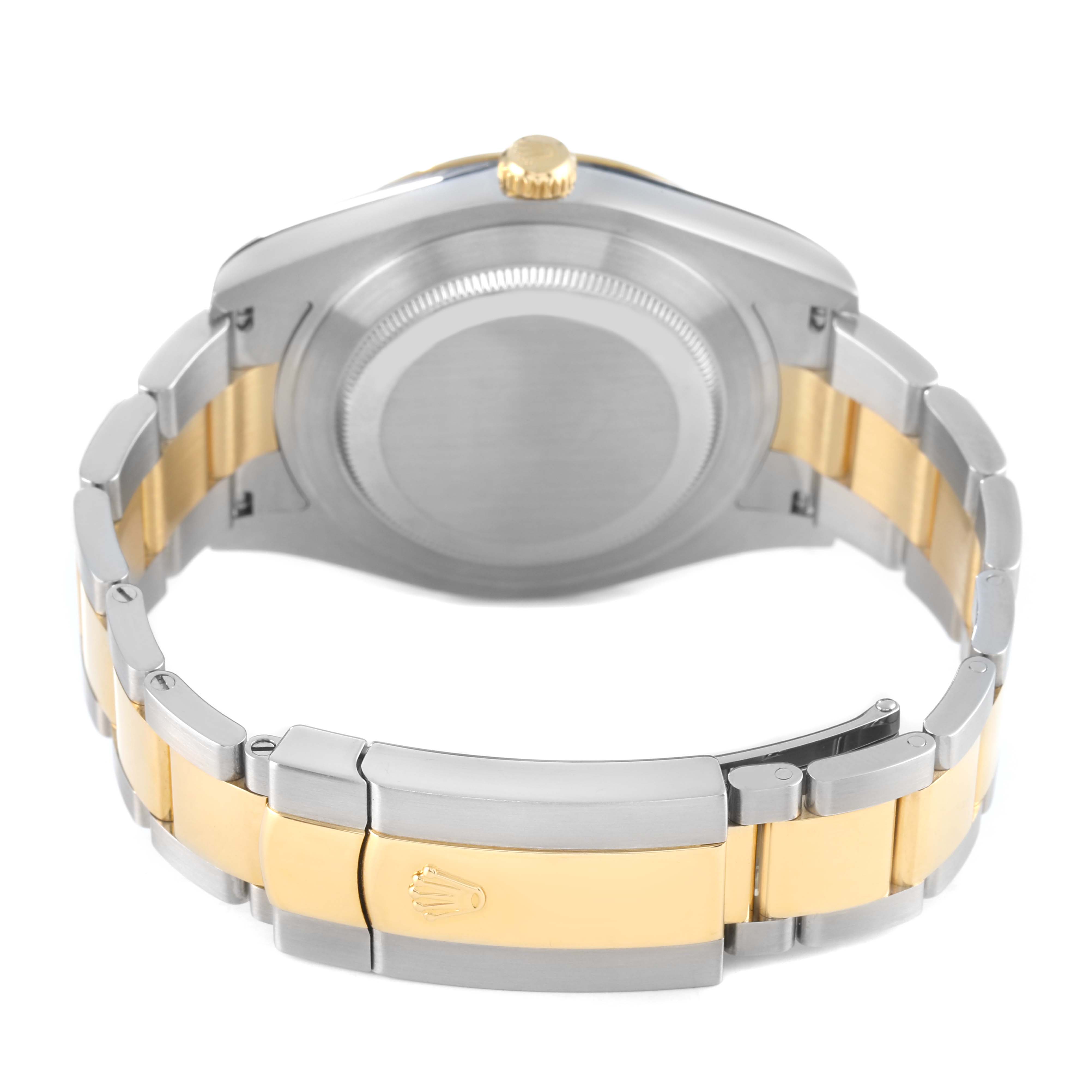 The image shows the back view of a Rolex Datejust 41 116333 Men's Steel and Gold (two tone) Champagne Dial, highlighting the case back, crown, and two-tone bracelet with clasp.