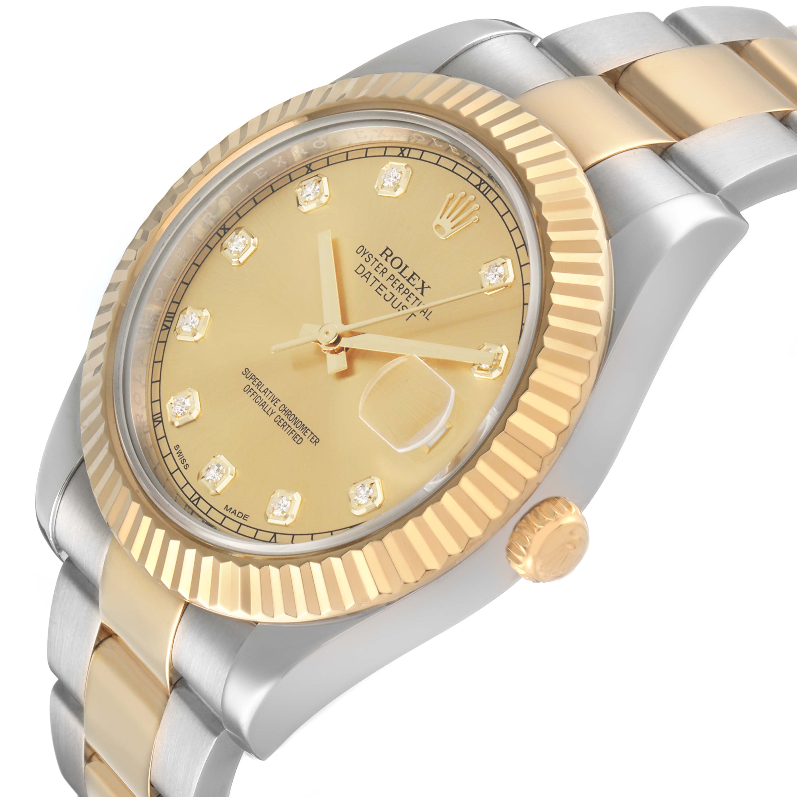 The Rolex Datejust 41 116333 Men's Steel and Gold (two tone) Champagne Dial watch is shown at an angled side view, highlighting the gold dial, bezel, crown, and two-tone bracelet.