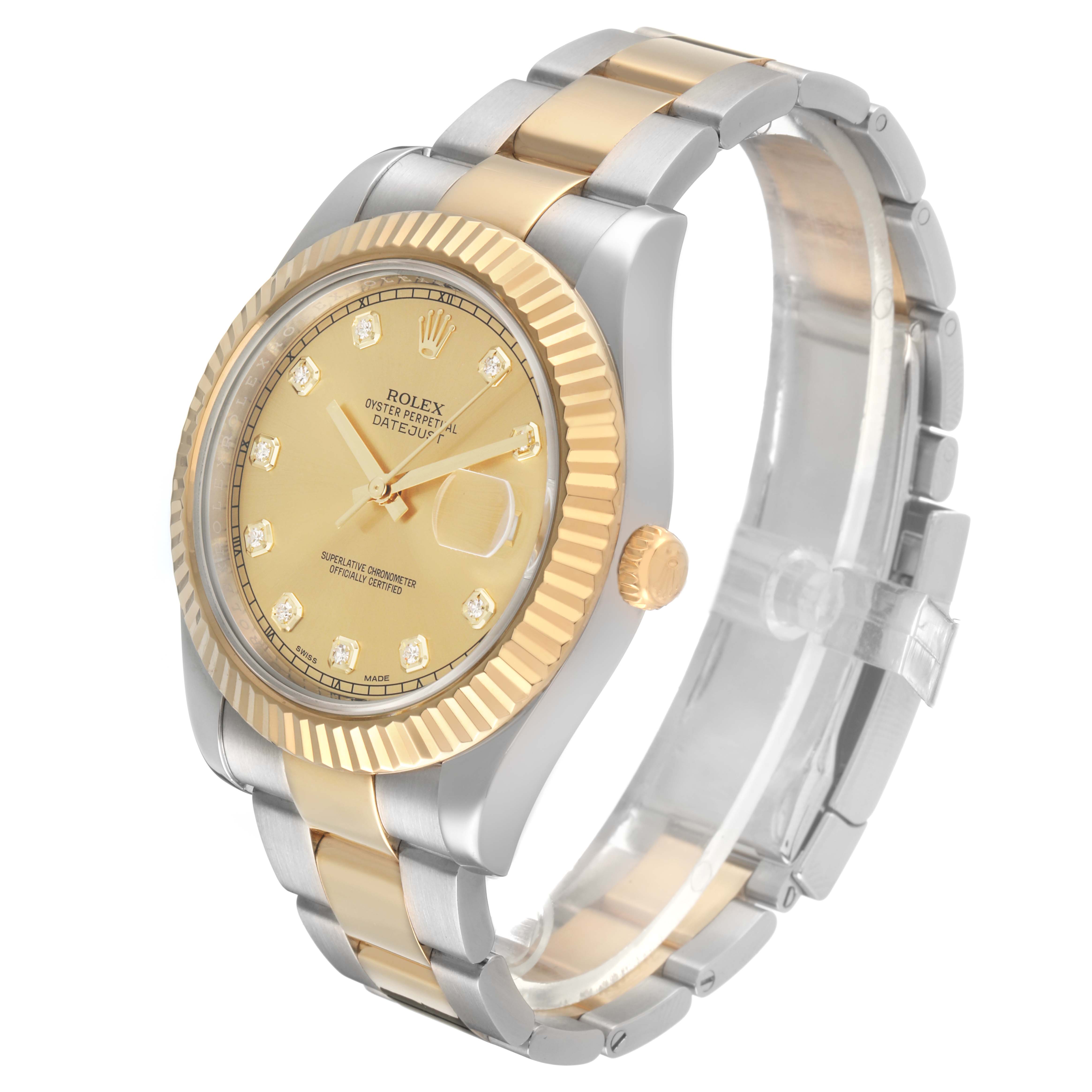 The Rolex Datejust 41 116333 Men's Steel and Gold (two tone) Champagne Dial is shown from a three-quarter angle, displaying the face, bezel, crown, and bracelet.