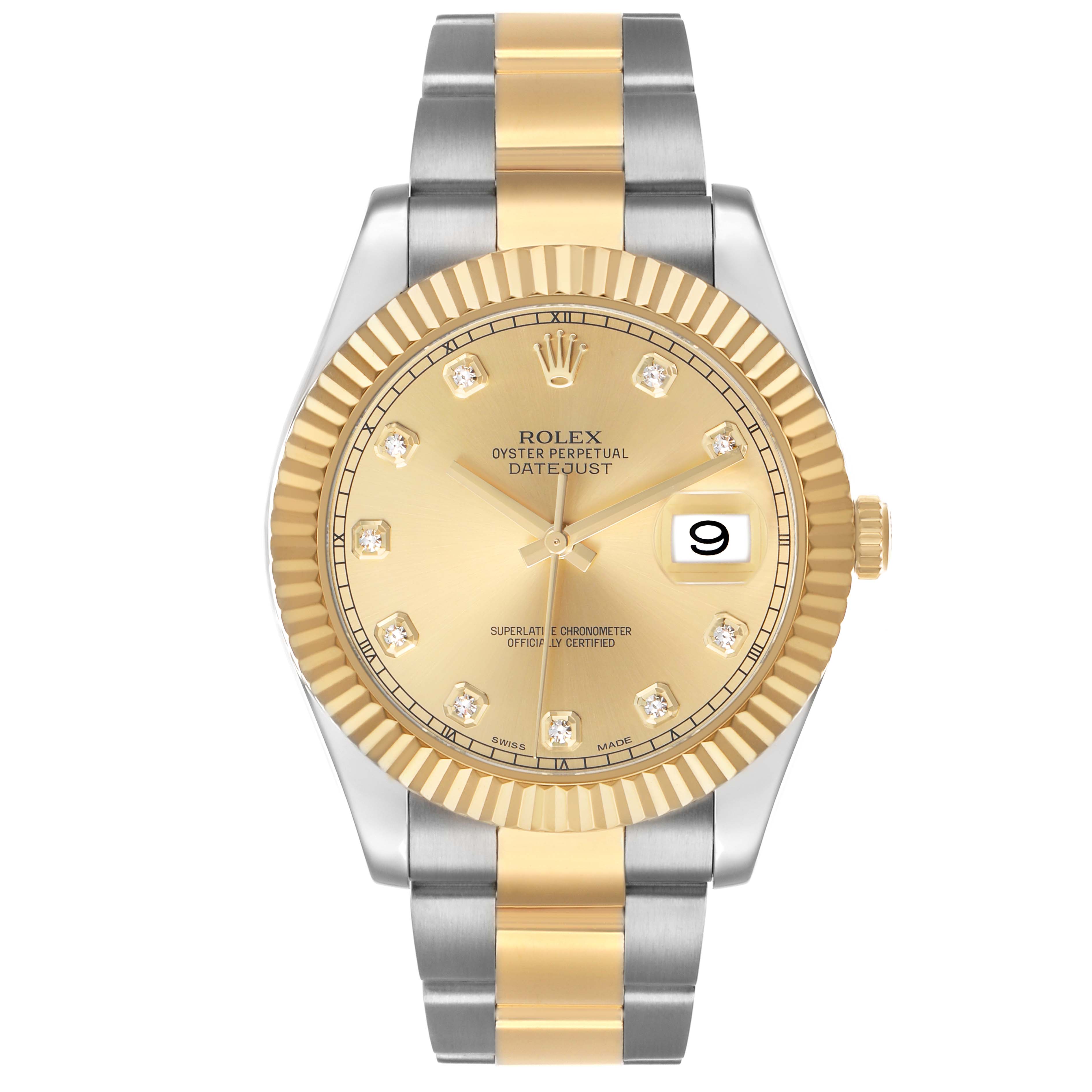 The Rolex Datejust 41 116333 Men's Steel and Gold (two tone) Champagne Dial watch is shown from the front, highlighting the dial, fluted bezel, and two-tone bracelet.