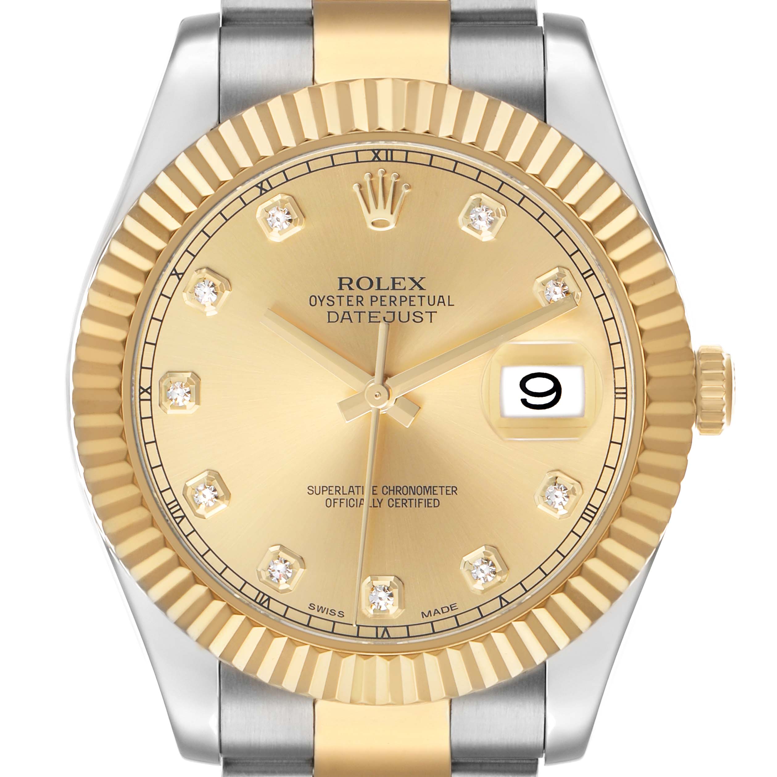 The Rolex Datejust 41 116333 Men's Steel and Gold (two tone) Champagne Dial watch is shown from a front angle, highlighting the dial, fluted bezel, and part of the bracelet.