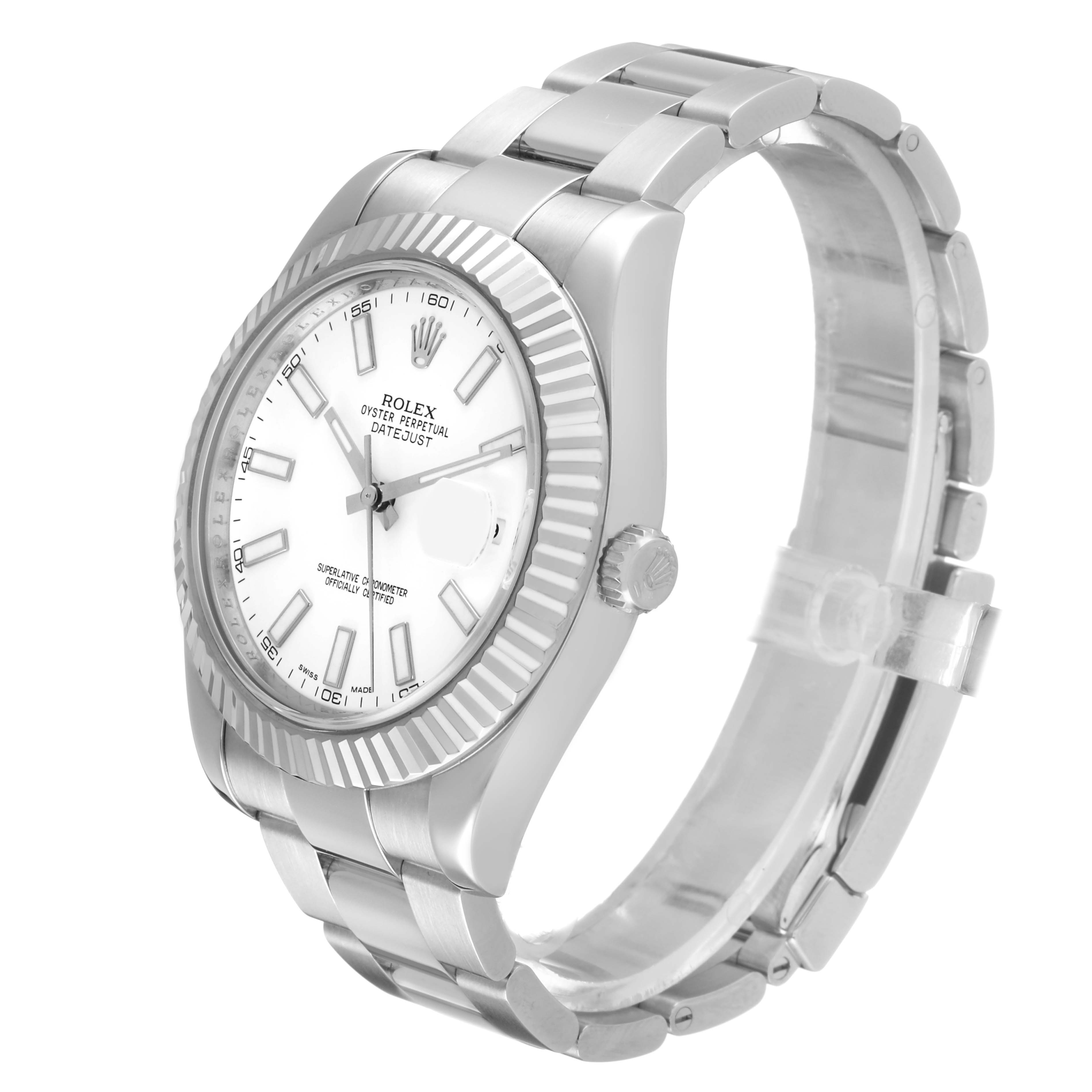 The Rolex Datejust 41 116334 Men's Stainless Steel White Dial is shown at a three-quarter angle displaying the face, fluted bezel, and part of the bracelet.