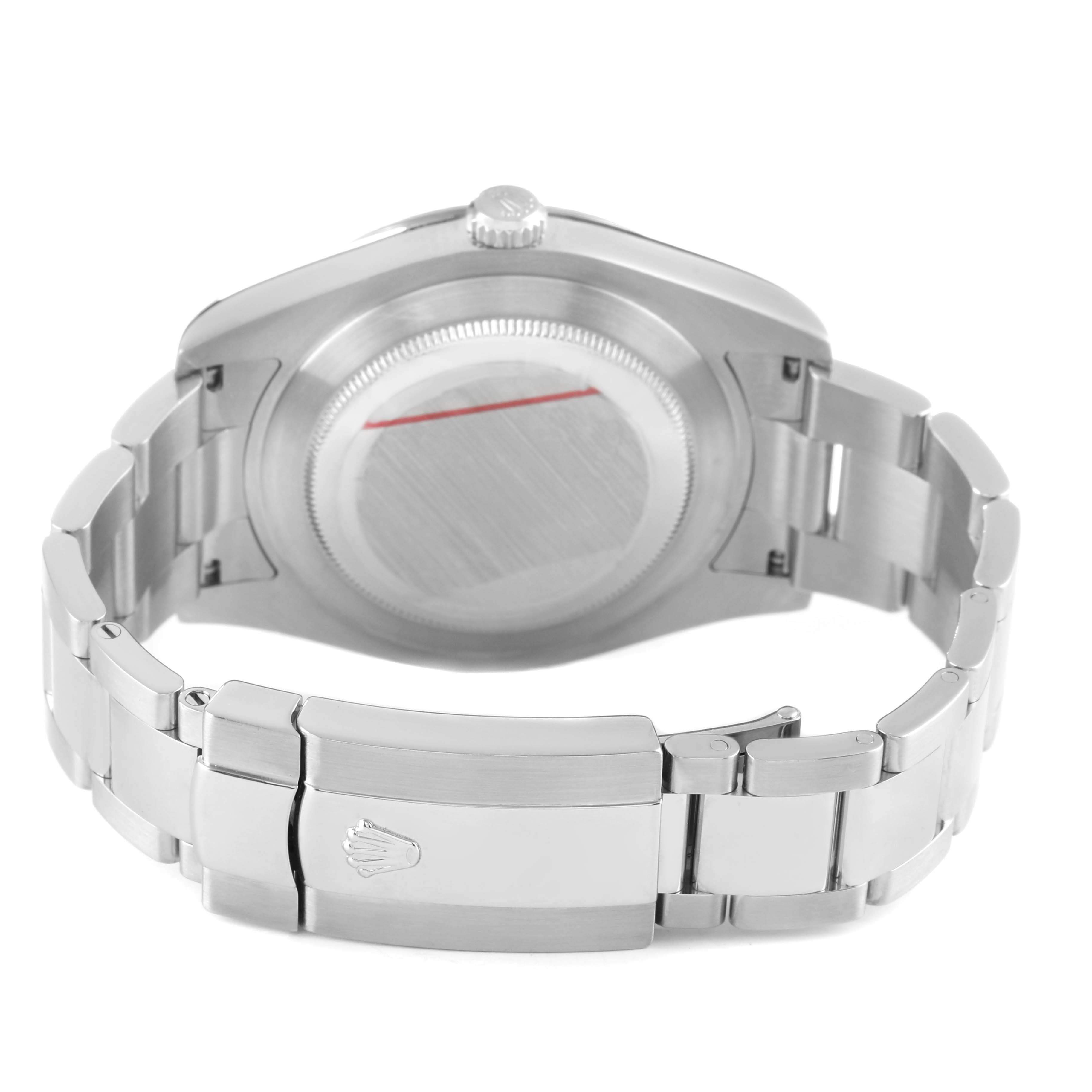 The image shows the back view of the Rolex Datejust 41 116334 Men's Stainless Steel White Dial, highlighting the case back, bracelet, and clasp.