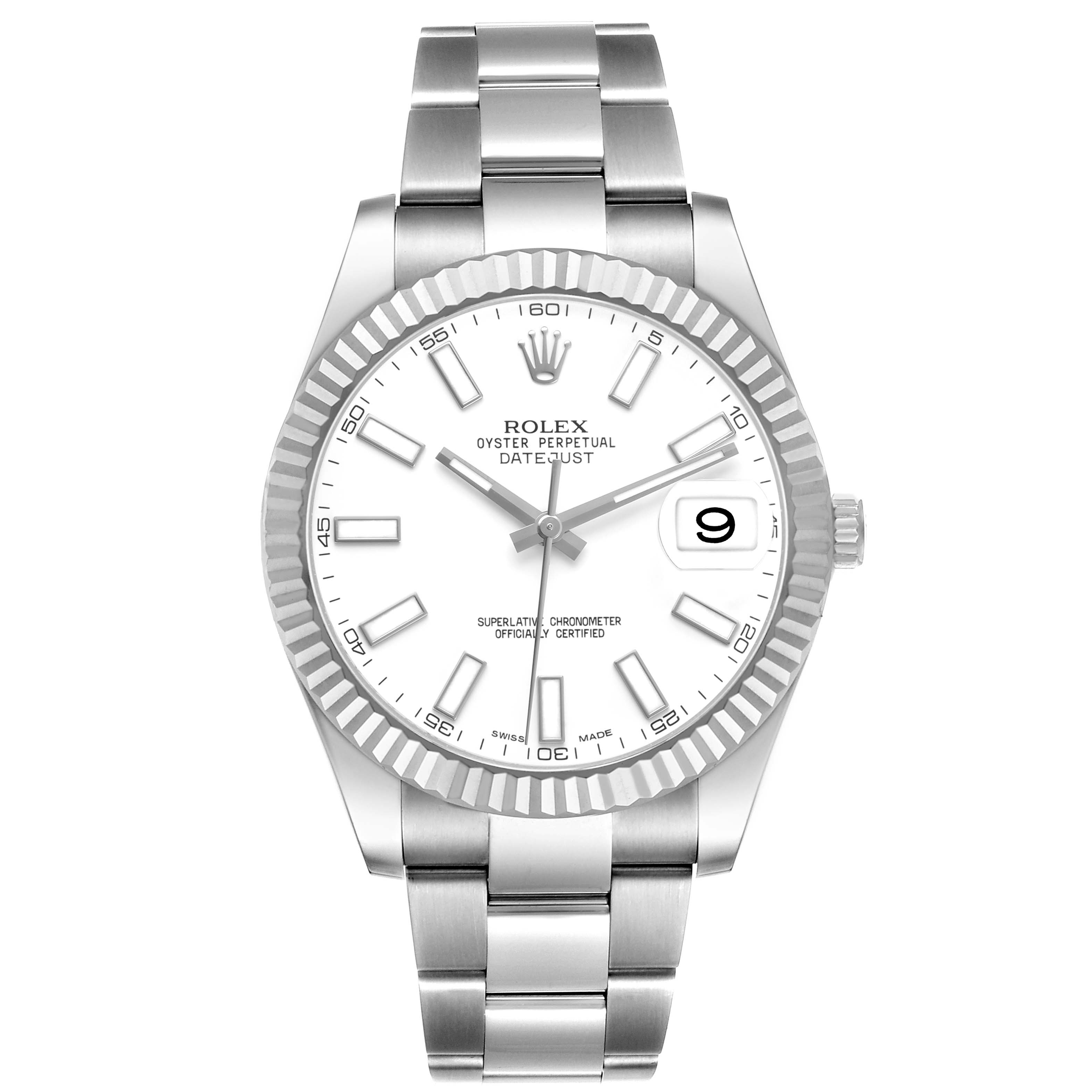The Rolex Datejust 41 116334 Men's Stainless Steel White Dial watch is shown from a front angle, displaying the dial, bezel, crown, and part of the bracelet.
