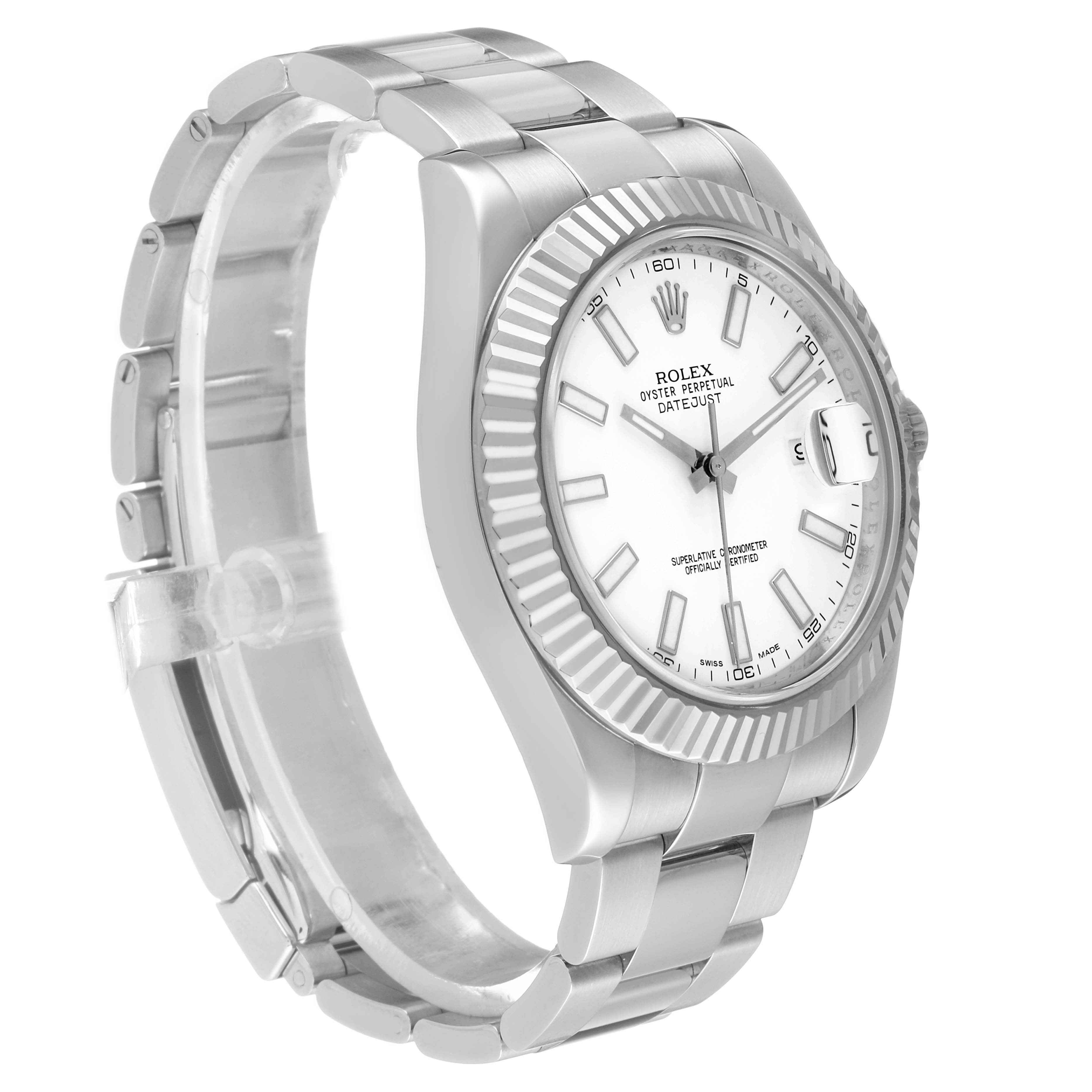 The Rolex Datejust 41 116334 Men's Stainless Steel White Dial is shown at an angled side view highlighting the case, dial, bracelet, and fluted bezel.