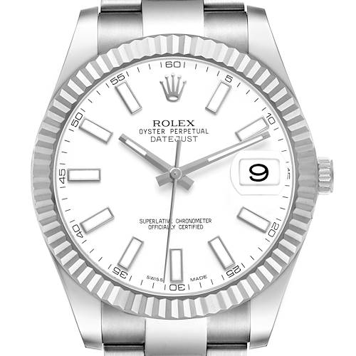 The Rolex Datejust 41 116334 Men's Stainless Steel White Dial is shown from the front, highlighting the dial, fluted bezel, and bracelet.