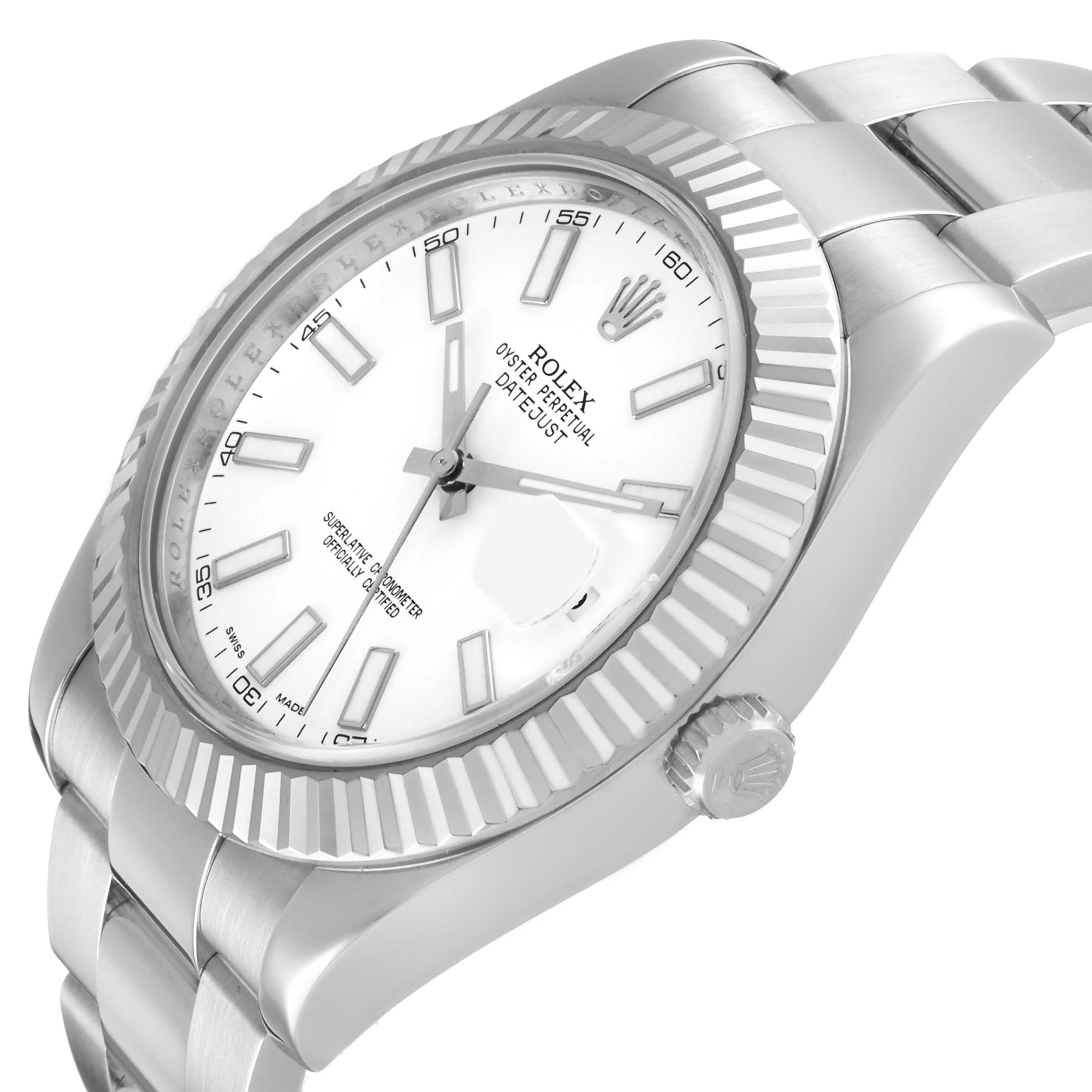 The Rolex Datejust 41 116334 Men's Stainless Steel White Dial watch is shown at an angled view, highlighting the dial, fluted bezel, and part of the bracelet.
