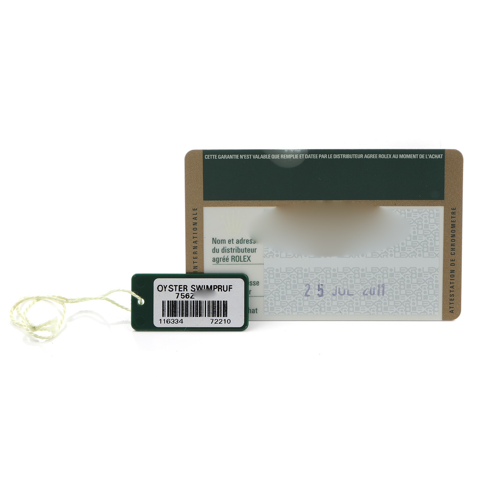 The image shows a warranty card and tag for the Rolex Datejust 41 116334 Men's Stainless Steel White Dial, focused on accessories.