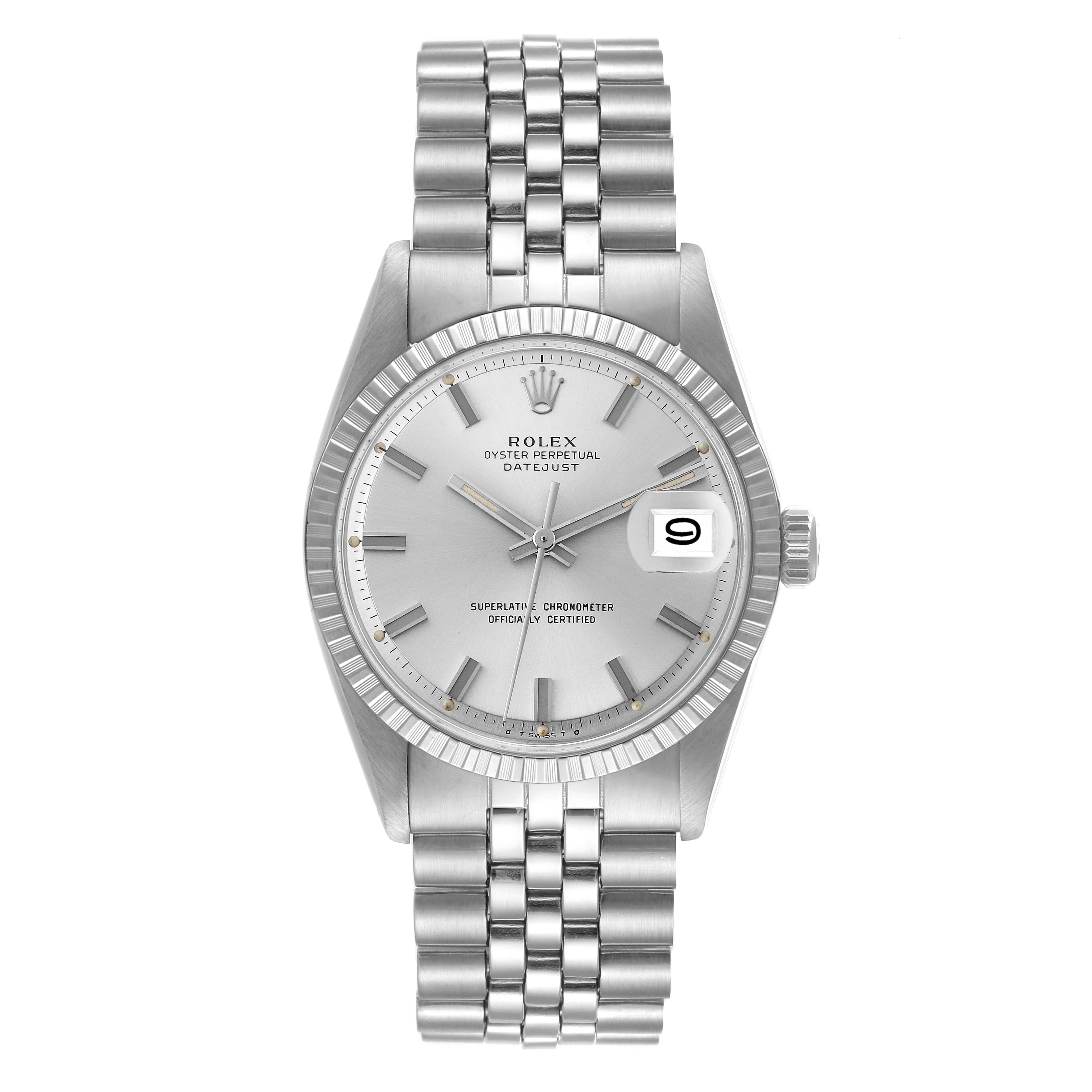 The Rolex Vintage Collection 1603 Men's Stainless Steel Silver Dial 1603 Men's Stainless Steel Silver Dial model is shown from a top-down angle, highlighting its face, dial, and stainless steel band.