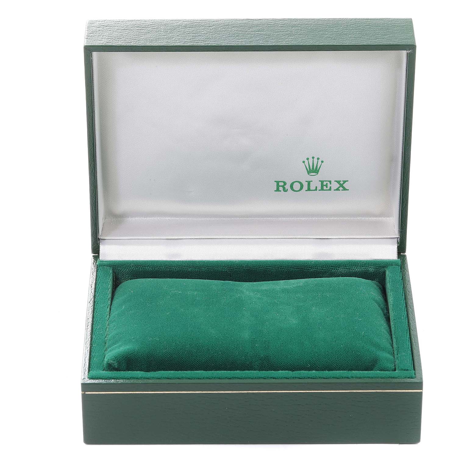 This image shows an open green Rolex watch box from the Vintage Collection, revealing an empty interior with a cushioned pad.