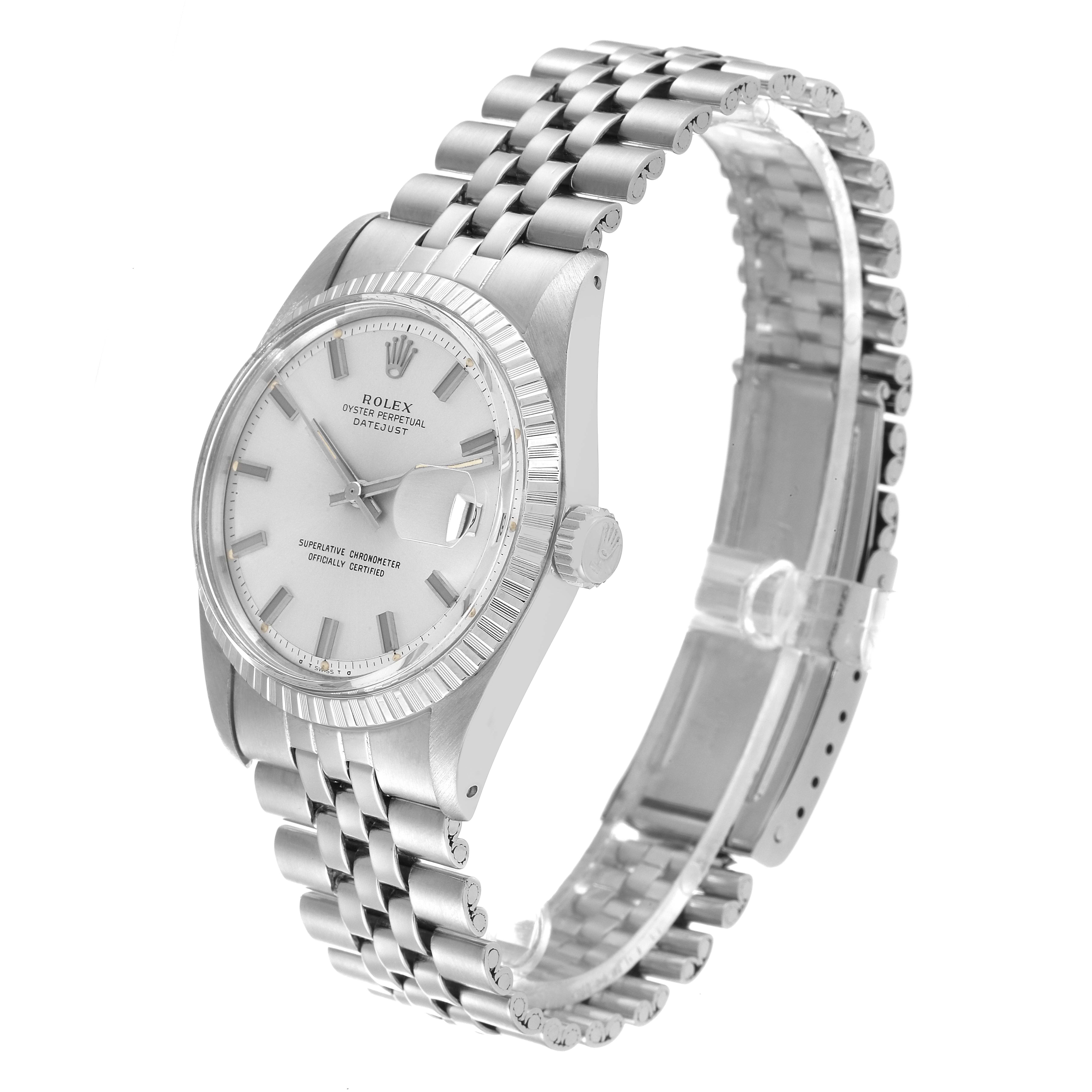 The Rolex Vintage Collection 1603 Men's Stainless Steel Silver Dial 1603 Men's Stainless Steel Silver Dial watch is shown at a slight angle, highlighting its face, bezel, crown, and metal bracelet.