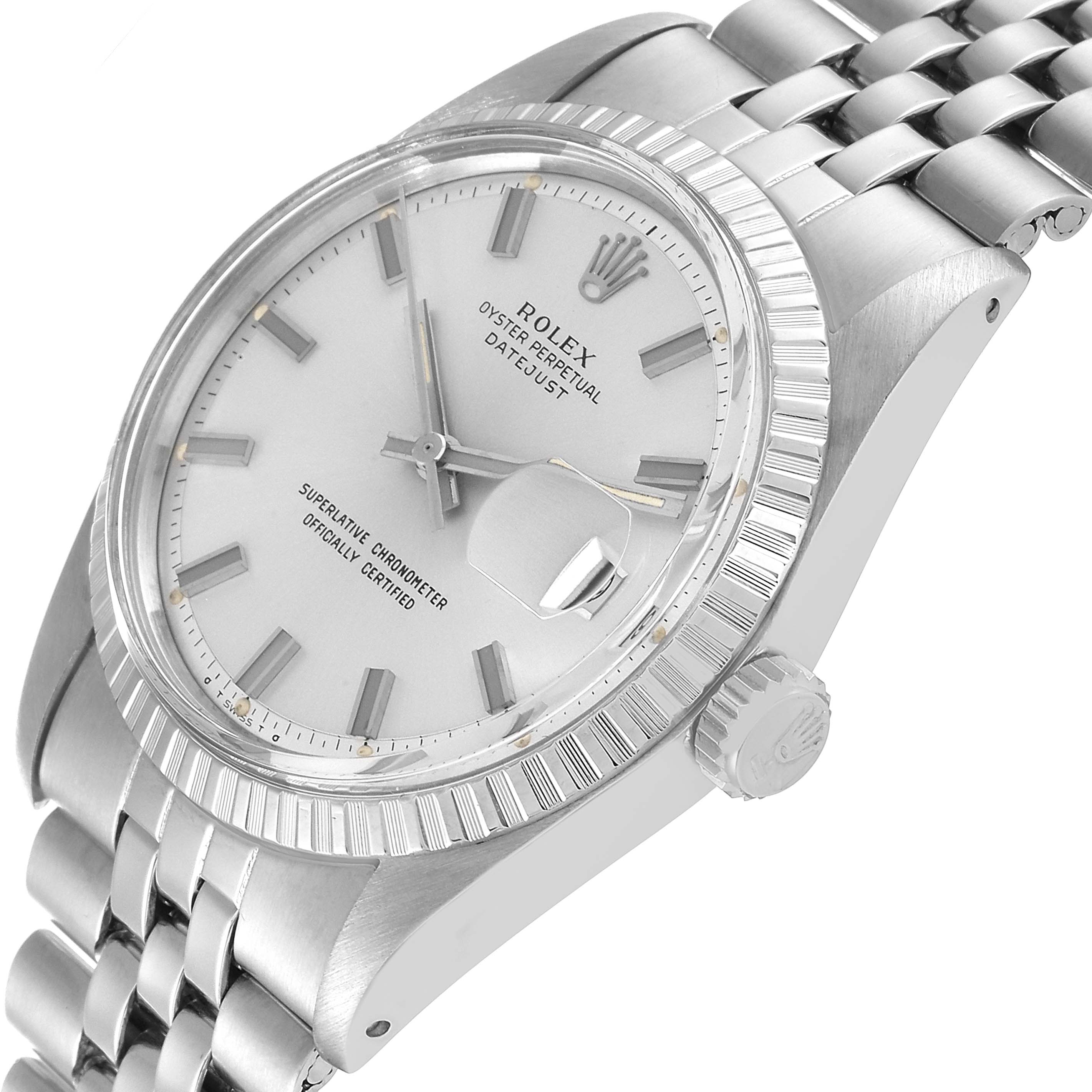 The image shows a Rolex Vintage Collection 1603 Men's Stainless Steel Silver Dial 1603 Men's Stainless Steel Silver Dial watch at an angled close-up, highlighting its dial, crown, and bracelet.