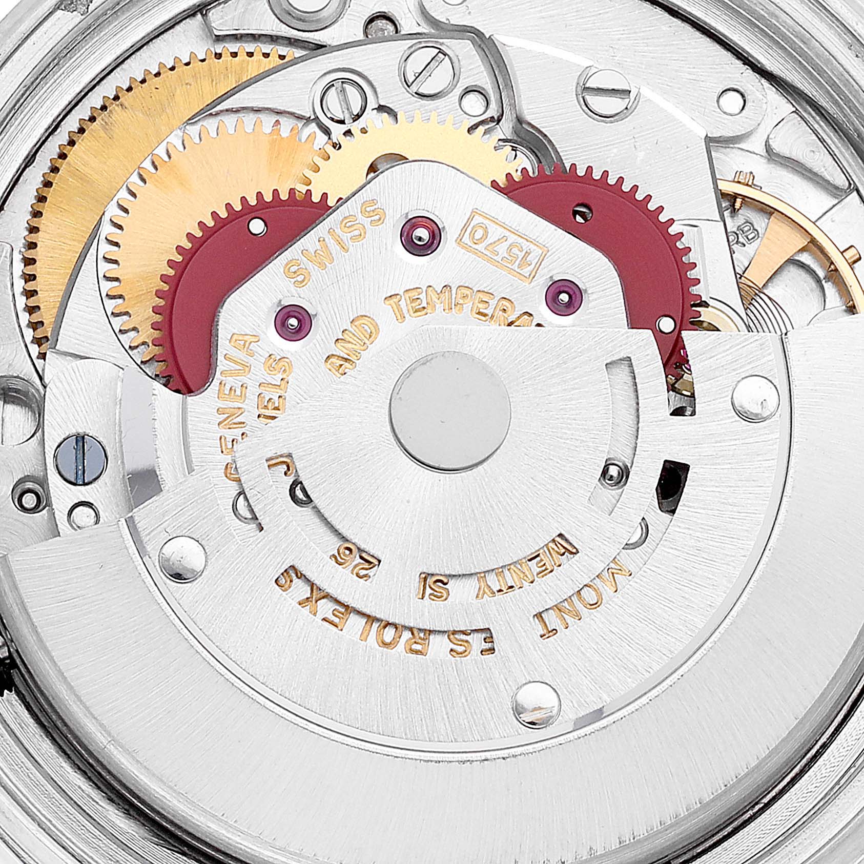 This image shows the intricate movement and internal mechanism of the Rolex Vintage Collection 1603 Men's Stainless Steel Silver Dial 1603 Men's Stainless Steel Silver Dial watch.