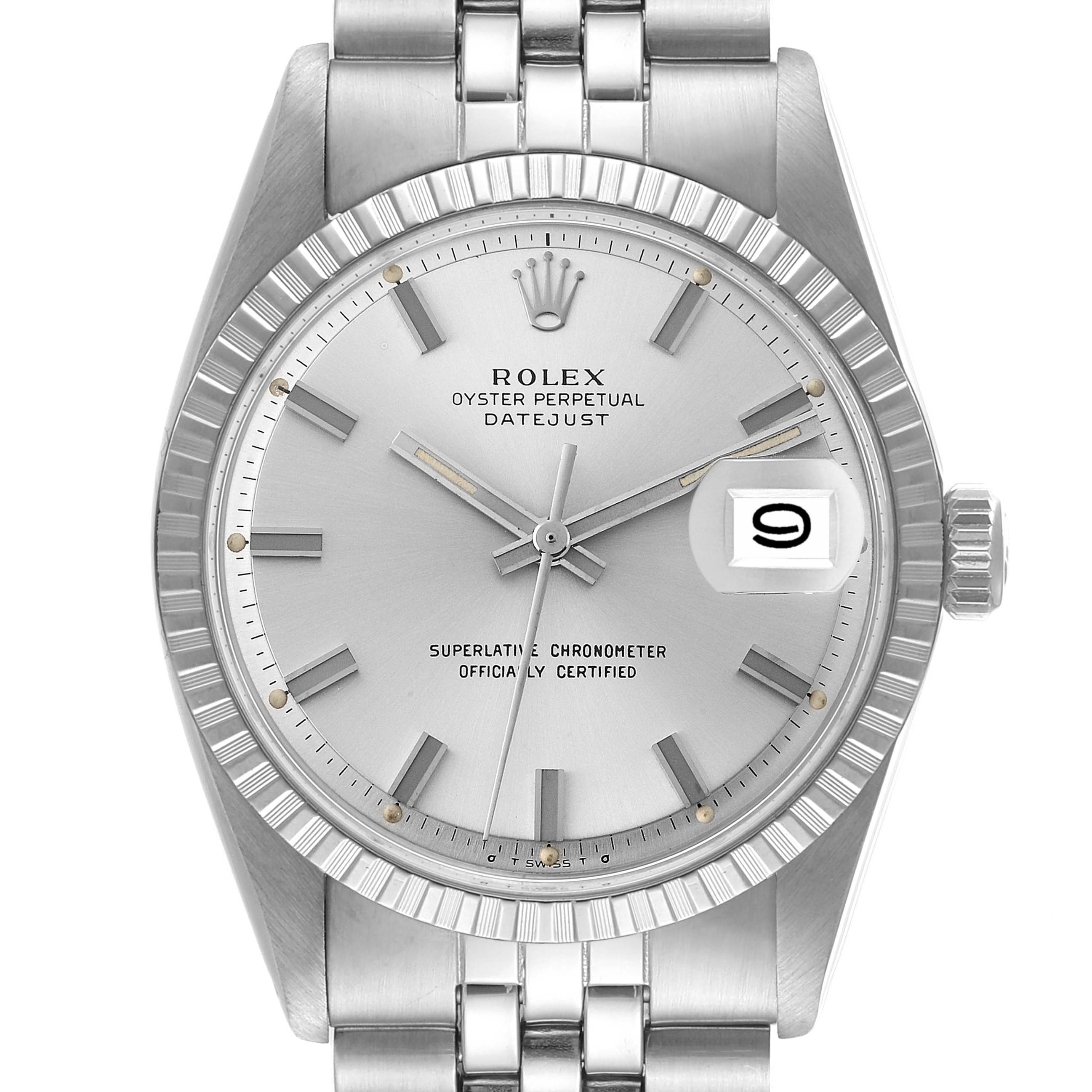 The image shows a front view of the Rolex Vintage Collection 1603 Men's Stainless Steel Silver Dial 1603 Men's Stainless Steel Silver Dial Datejust watch, highlighting its dial, bezel, and bracelet.
