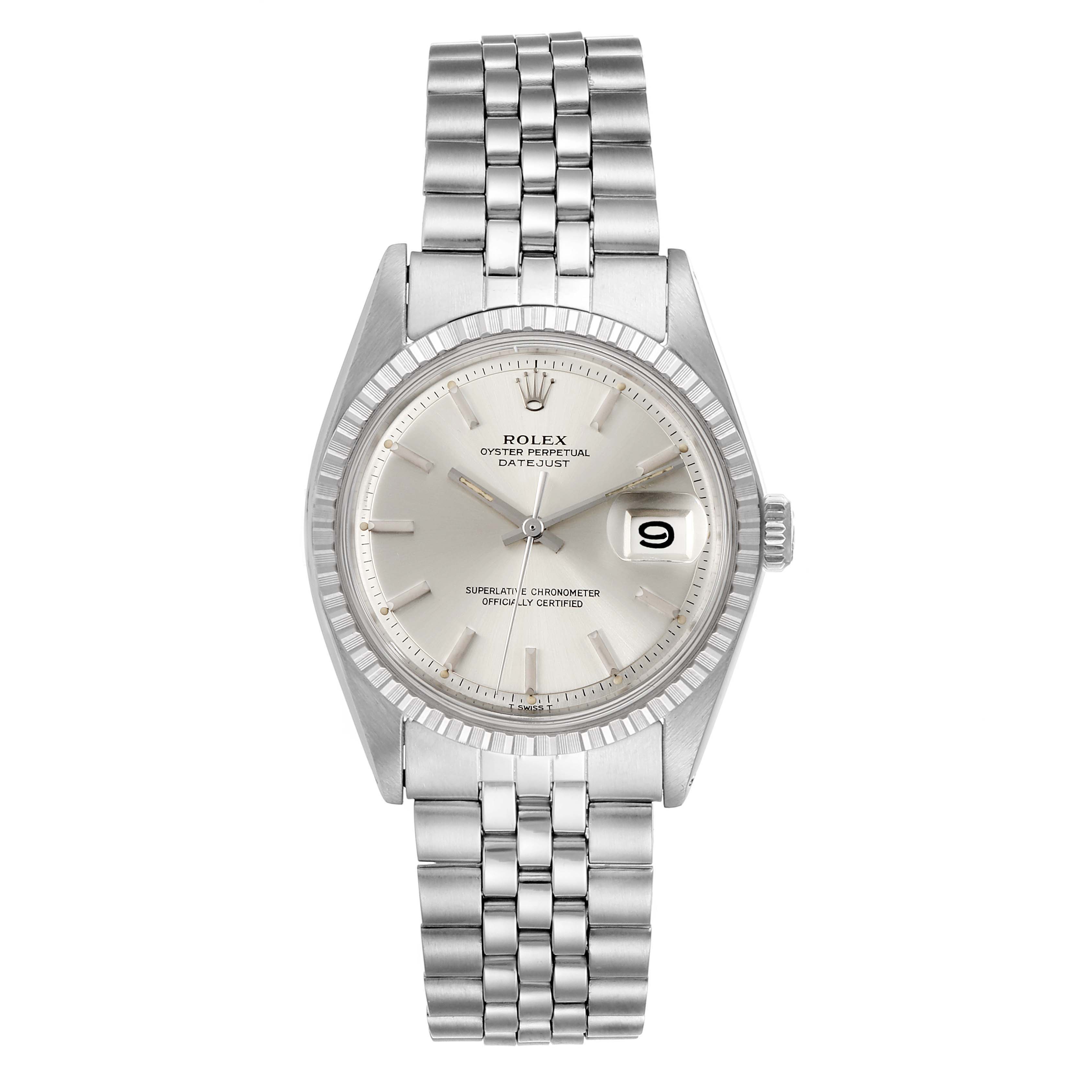 The Rolex Vintage Collection 1603 Men's Stainless Steel Silver Dial 1603 Men's Stainless Steel Silver Dial model is shown from a front angle, highlighting its silver dial, date display, and metal bracelet.