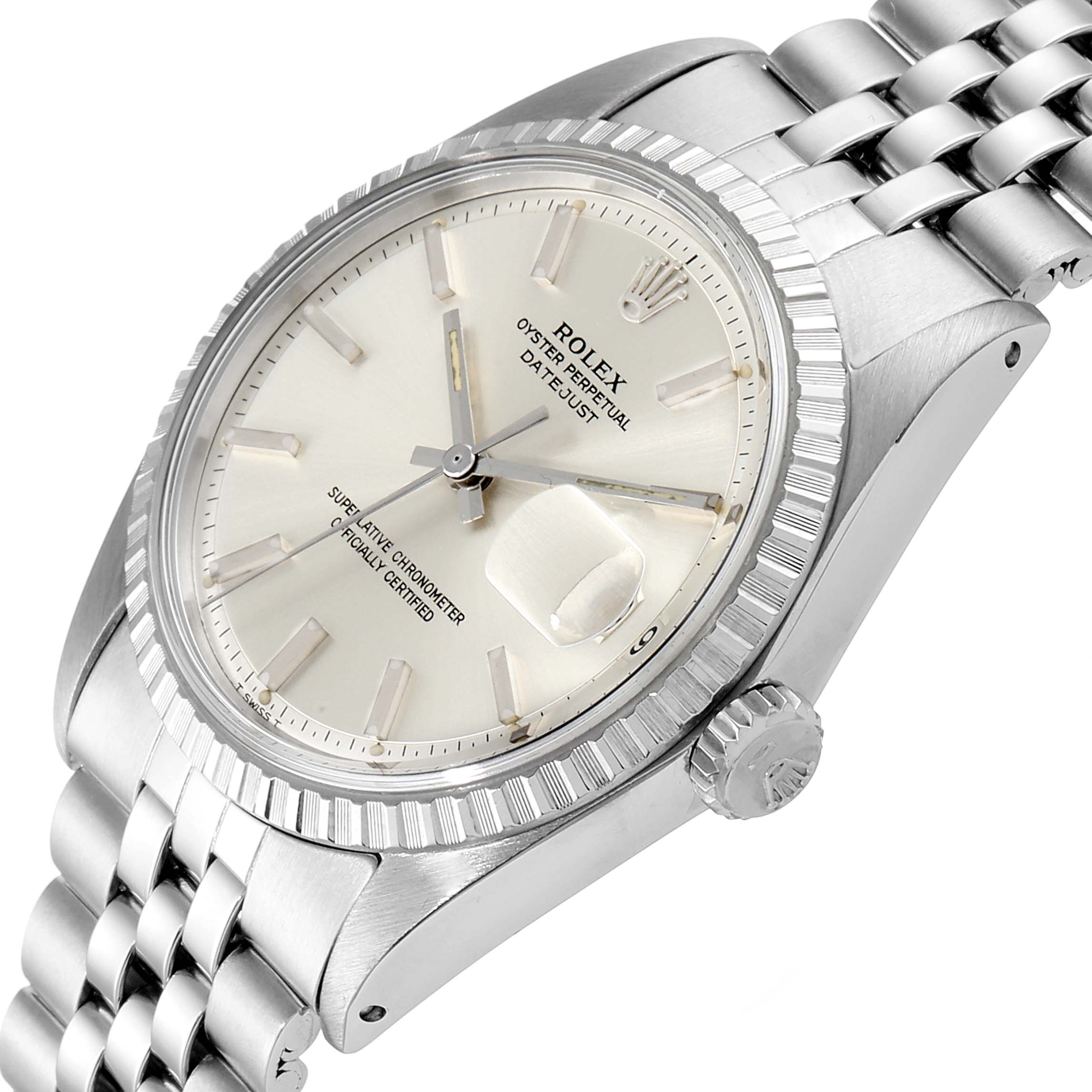 The image shows a Rolex Vintage Collection 1603 Men's Stainless Steel Silver Dial 1603 Men's Stainless Steel Silver Dial Datejust watch at a slight angle, highlighting the dial, bracelet, and crown.