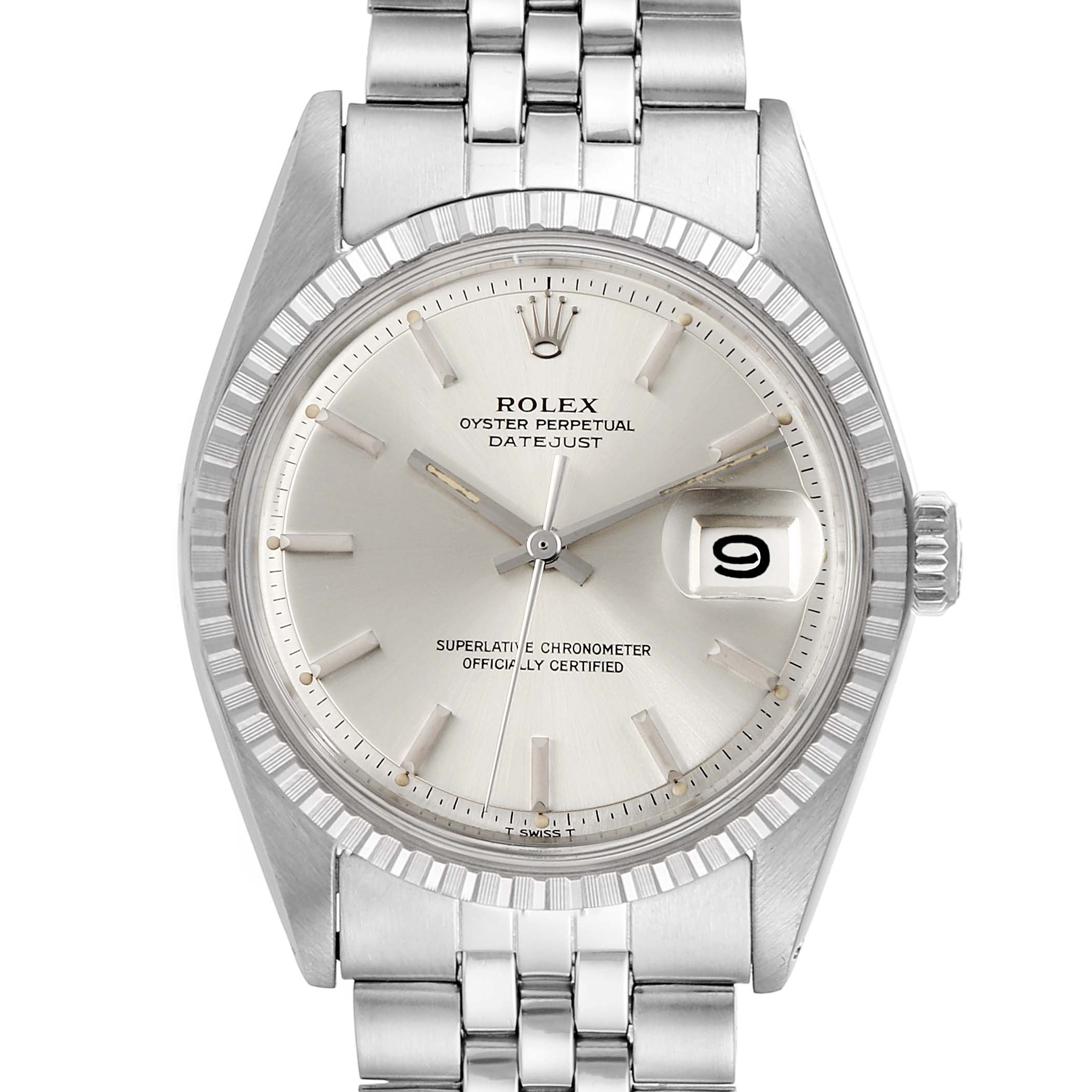 The image shows a front view of a Rolex Vintage Collection 1603 Men's Stainless Steel Silver Dial 1603 Men's Stainless Steel Silver Dial Datejust watch, featuring its face, bezel, and bracelet.